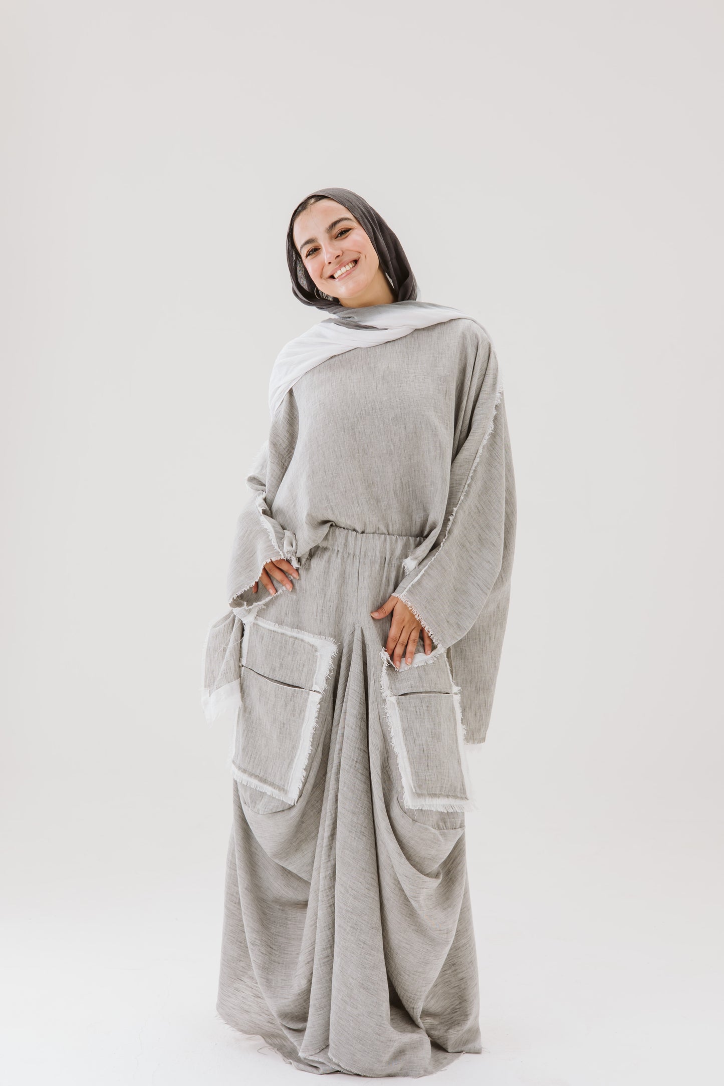 Linen Asymmetrical Pockets Skirt in Grey