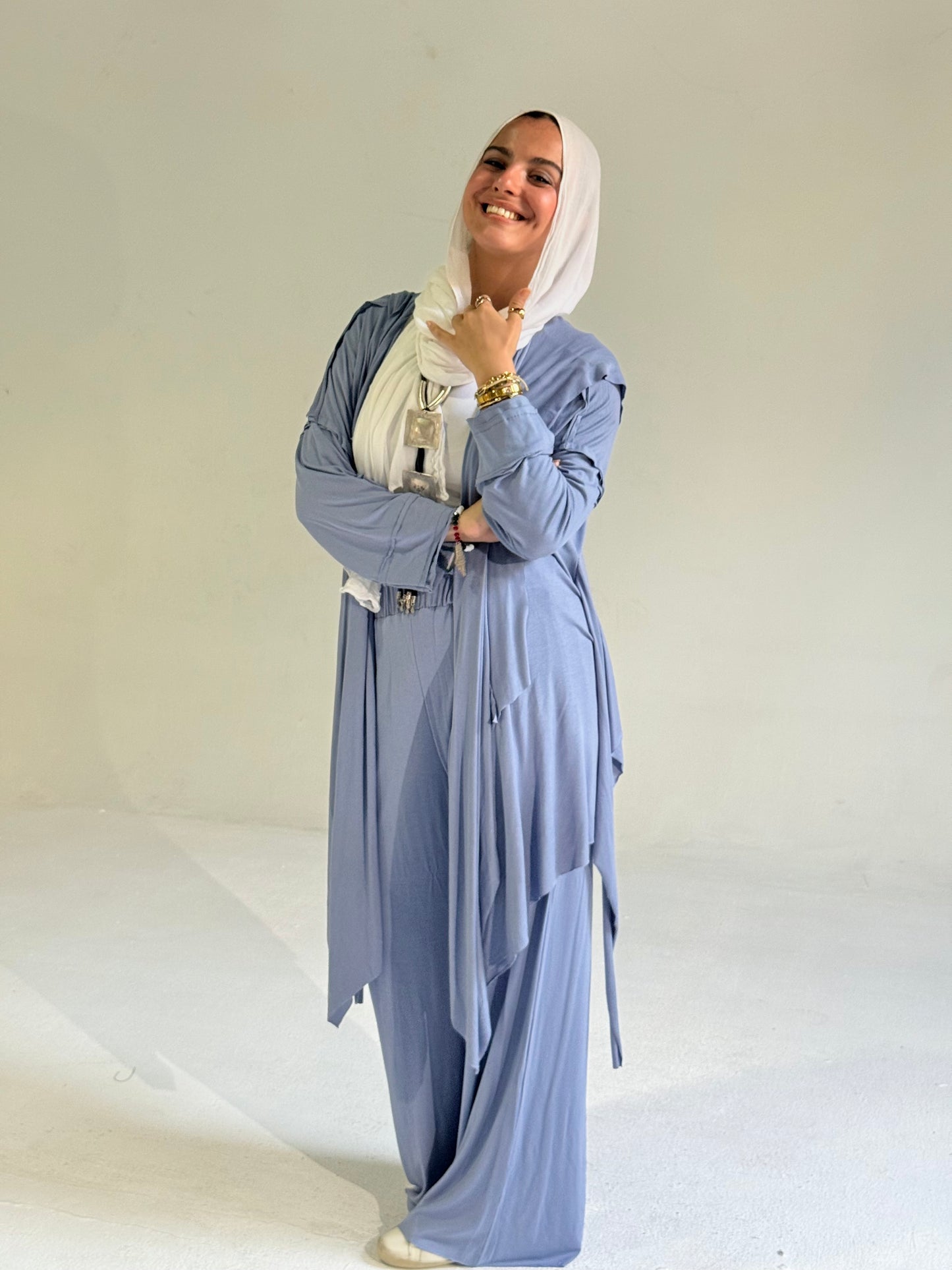 Asymmetrical Cardigan Set in Blue Jeans