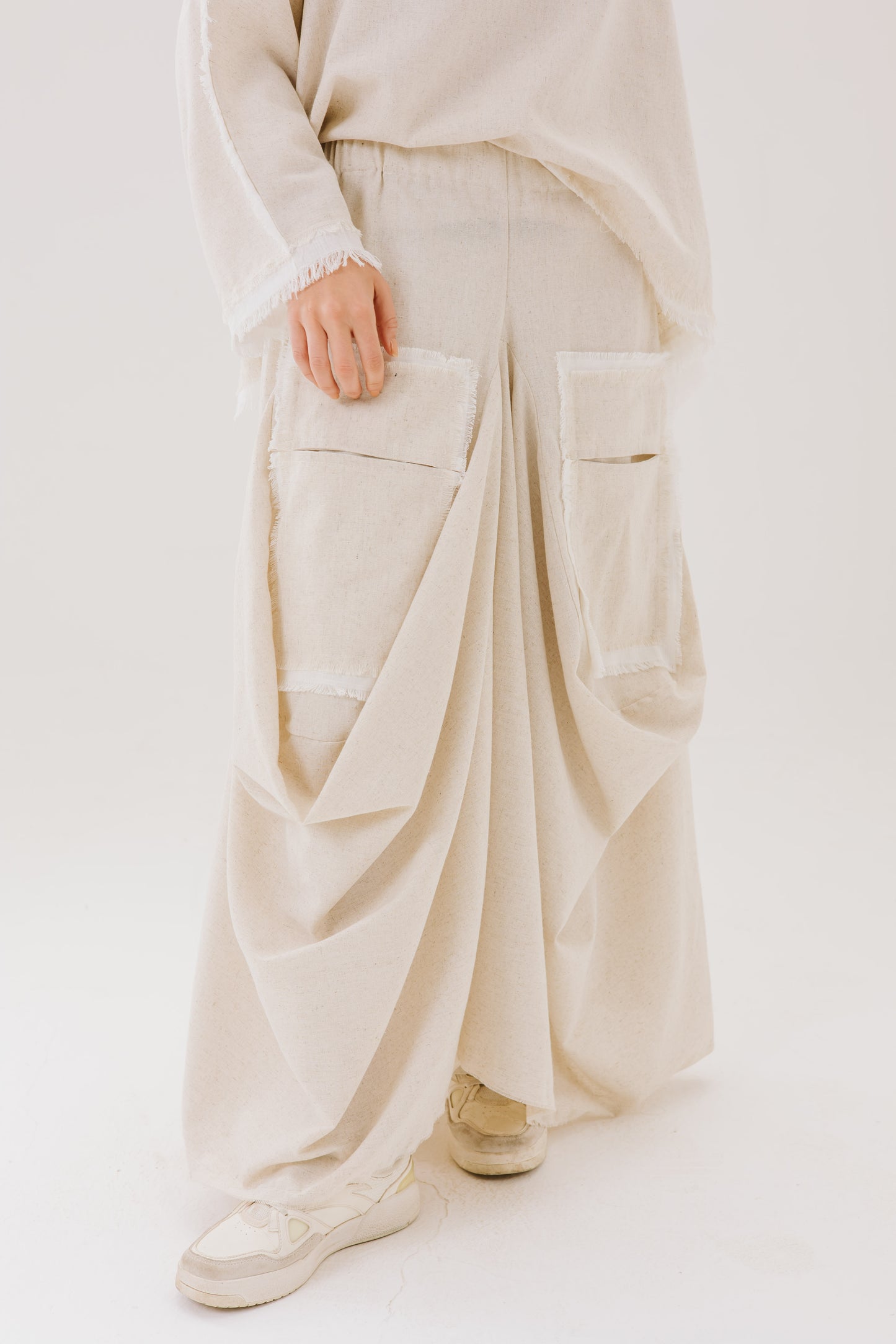 Asymmetrical Linen Pockets Skirt in Beige