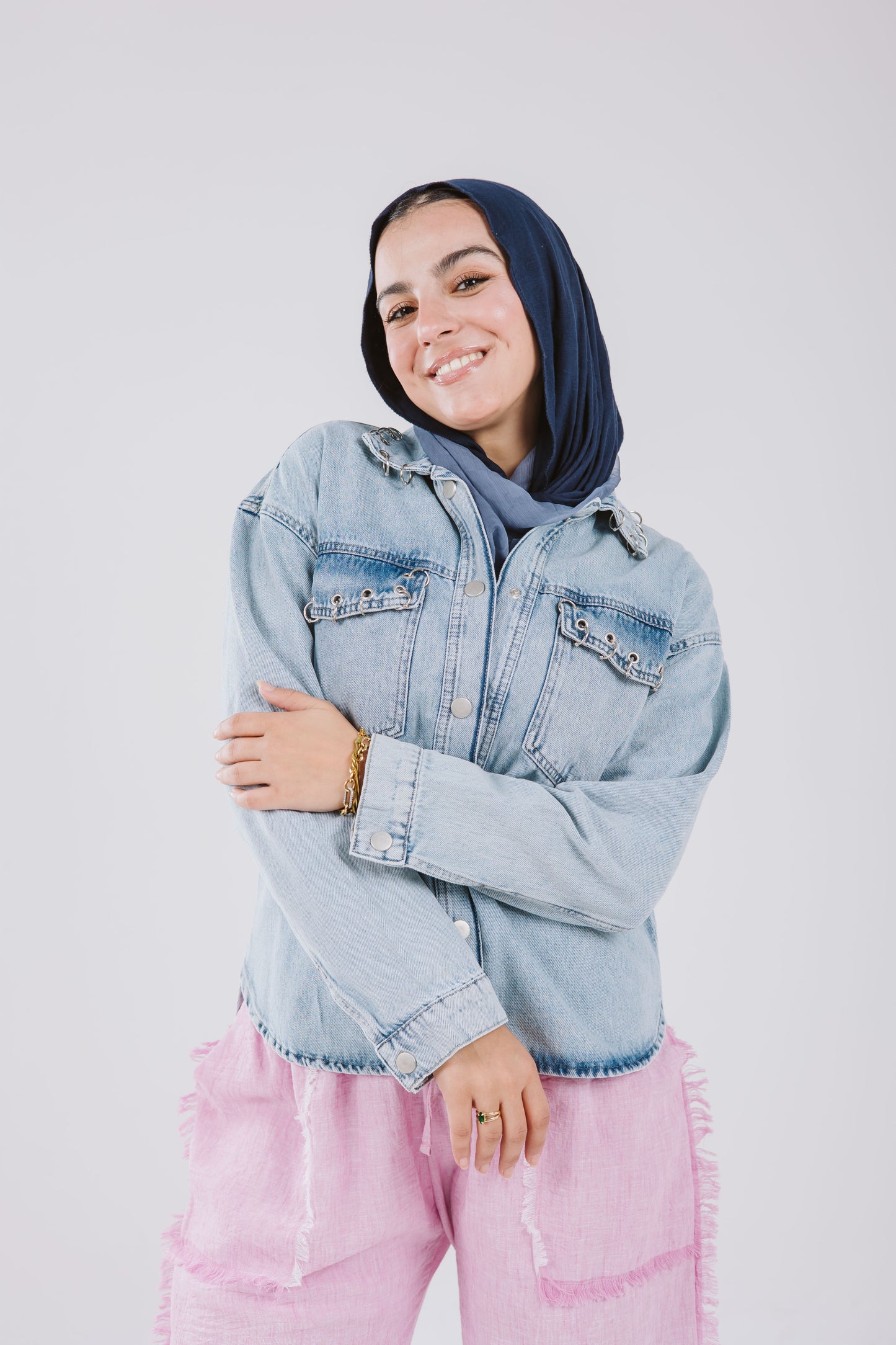 Denim Pockets Shirt with silver rings