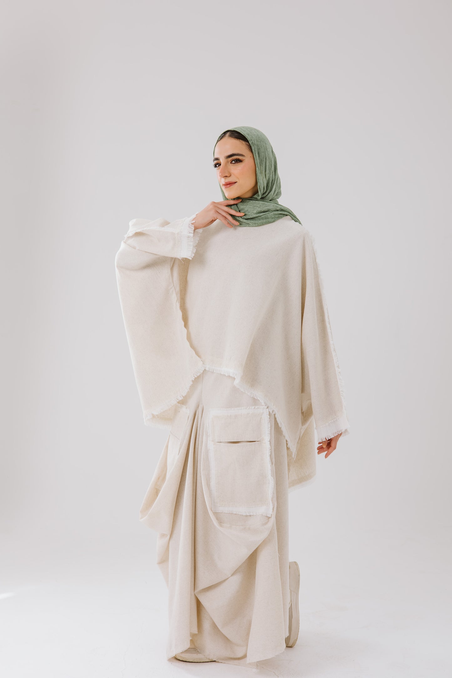 Asymmetrical Linen Pockets Skirt in Beige