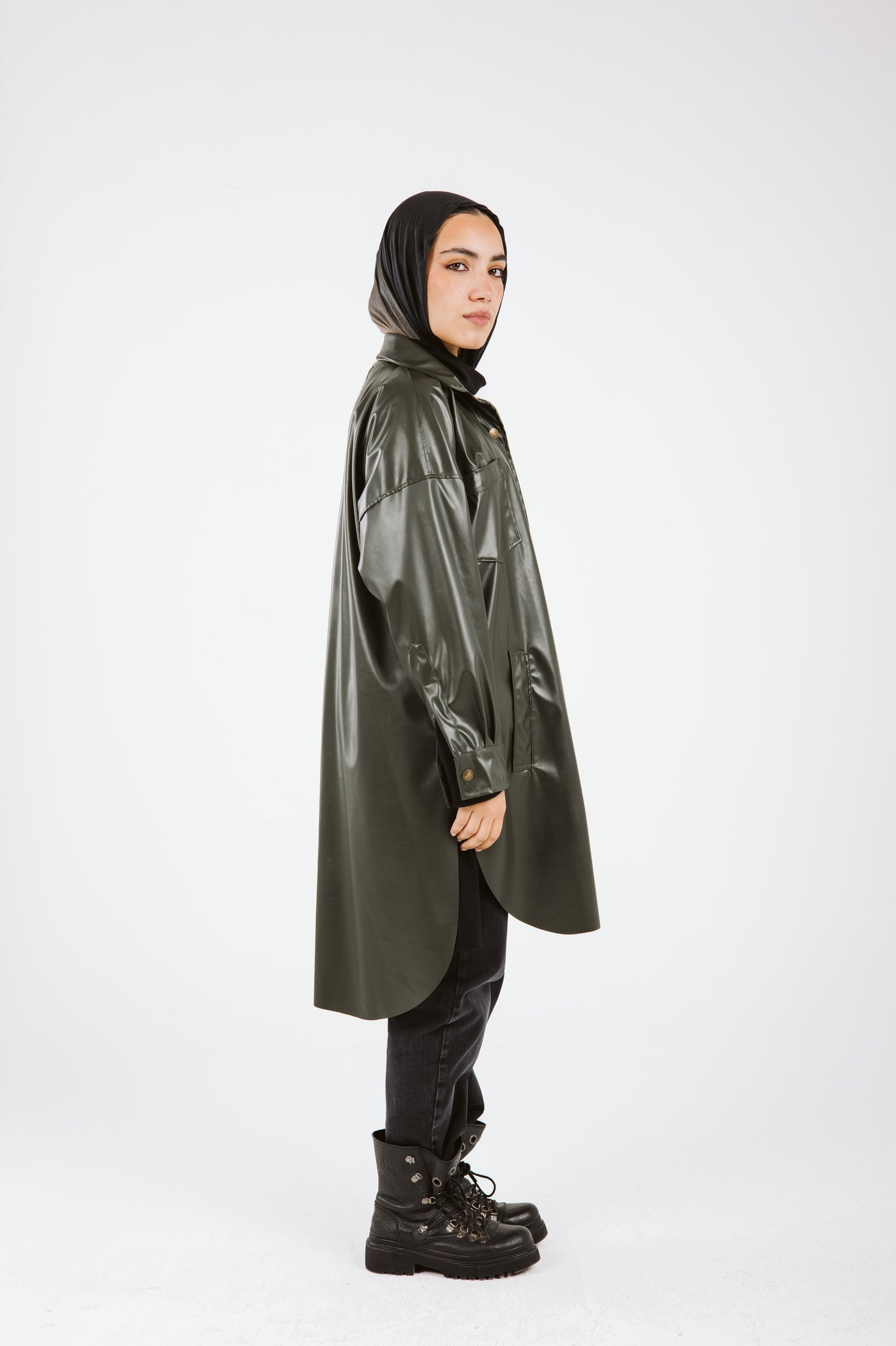 Faux Leather High Low Shirt in Olive