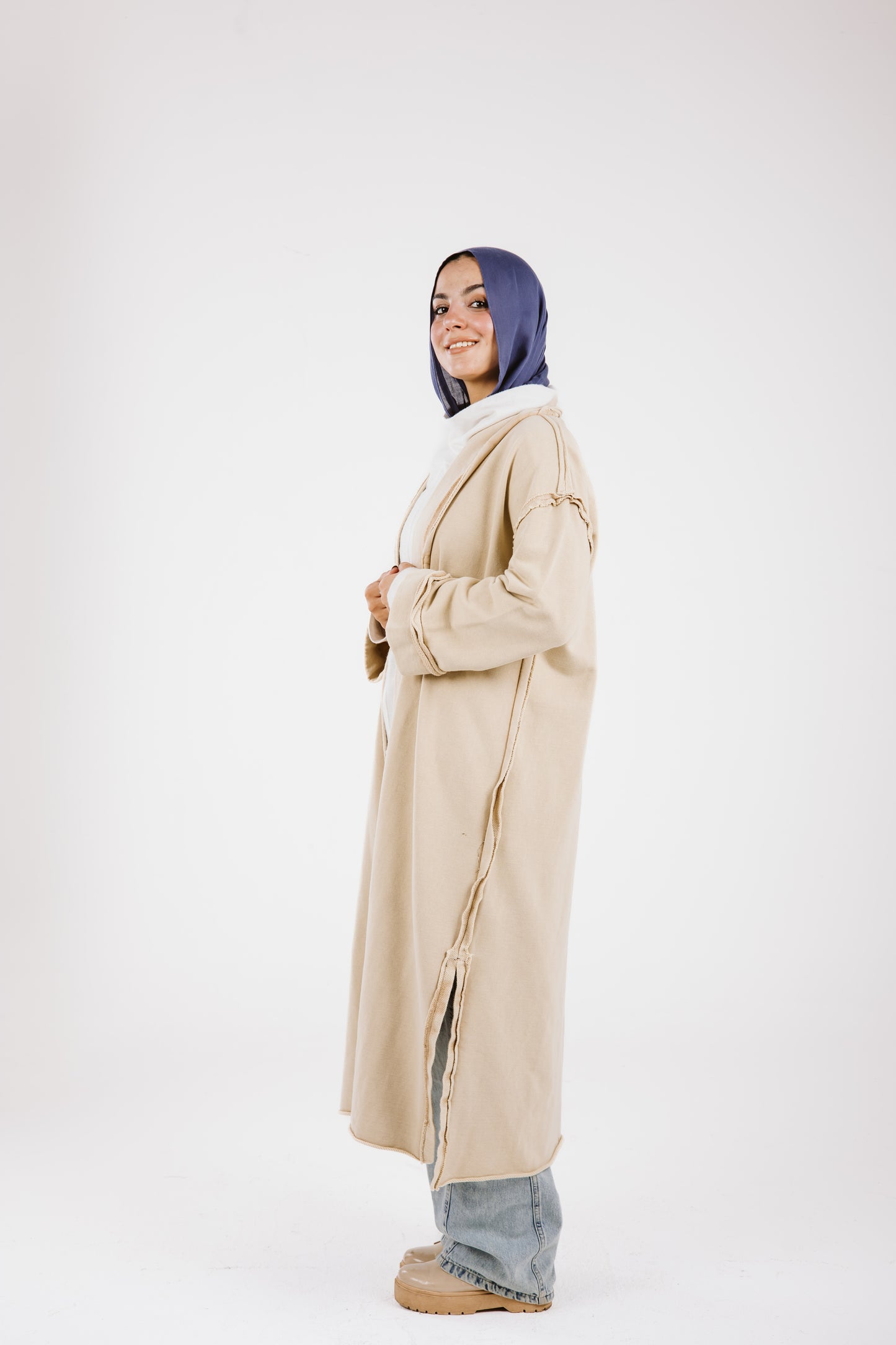 Long Stitches Cotton Melton Washed Cardigan in Beige