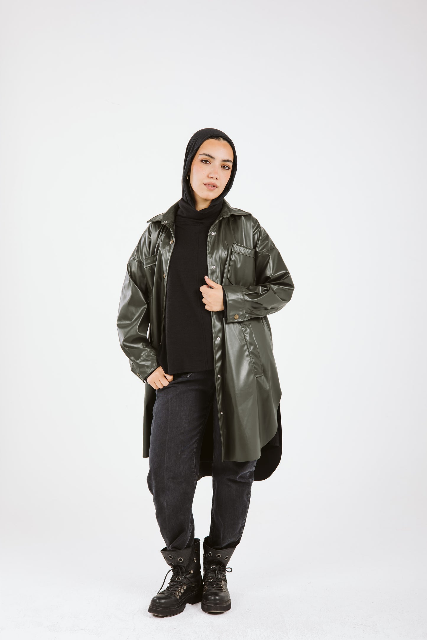 Faux Leather High Low Shirt in Olive