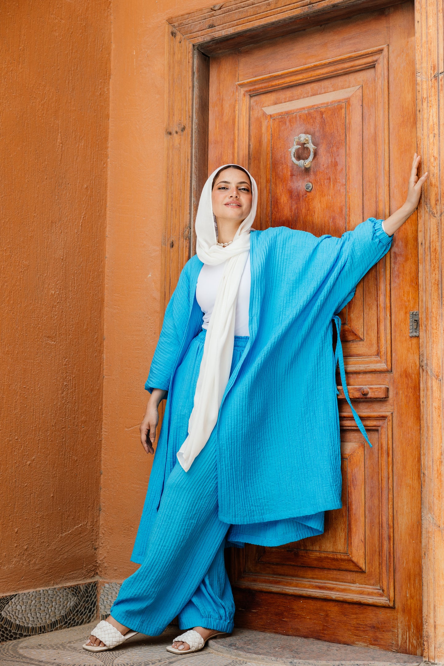 Puffy Sleeves Pleated Set in Turquoise