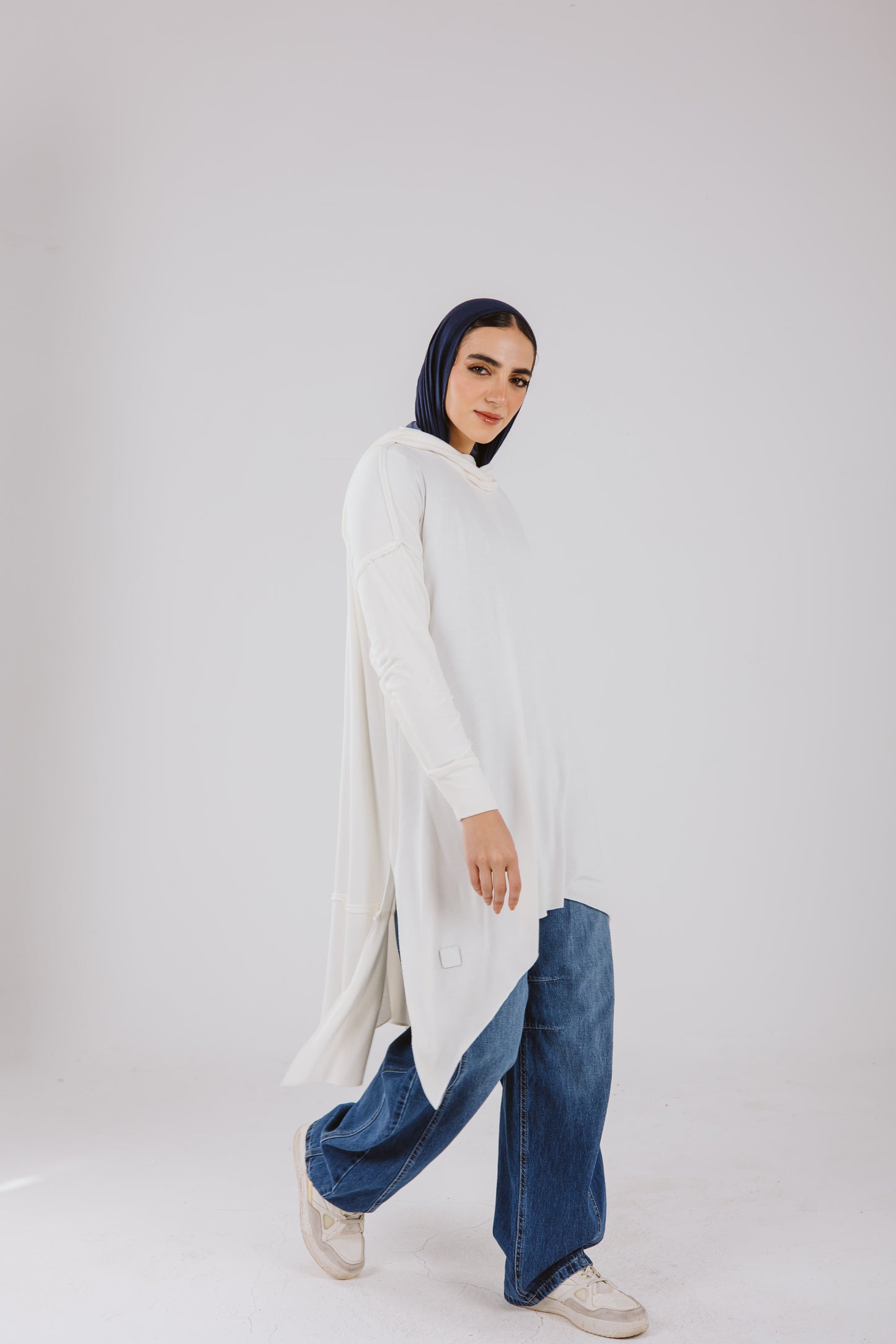 Asymmetrical Stitches Hoodie Top in White