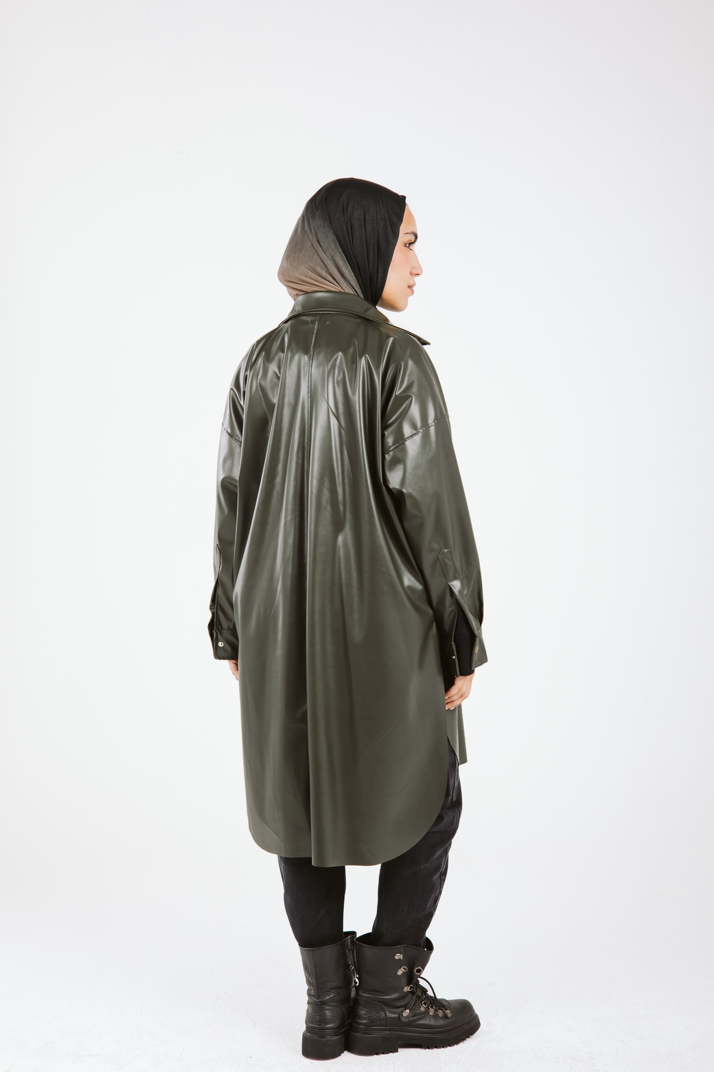 Faux Leather High Low Shirt in Olive