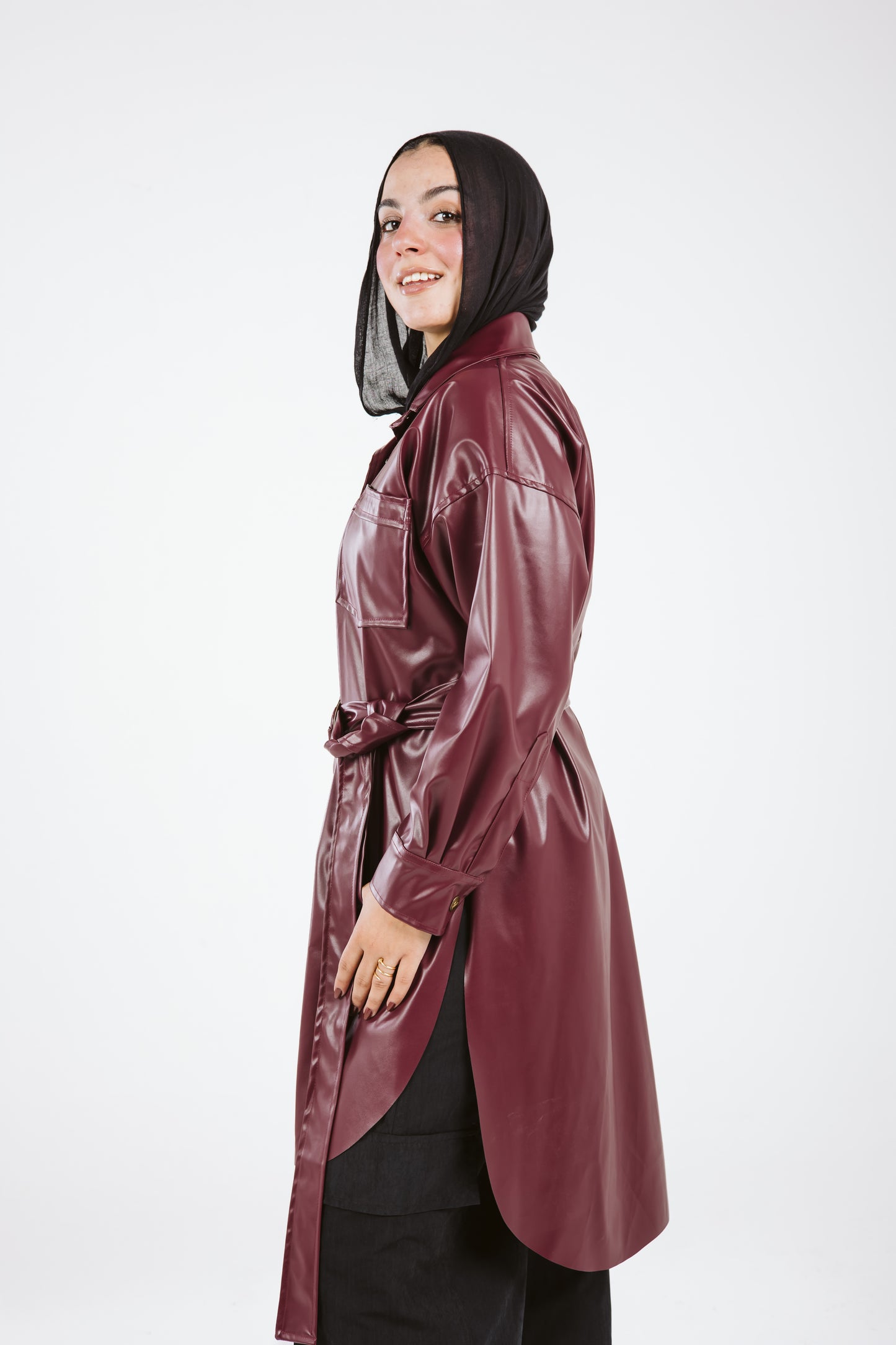 Faux Leather High Low Shirt in Burgundy