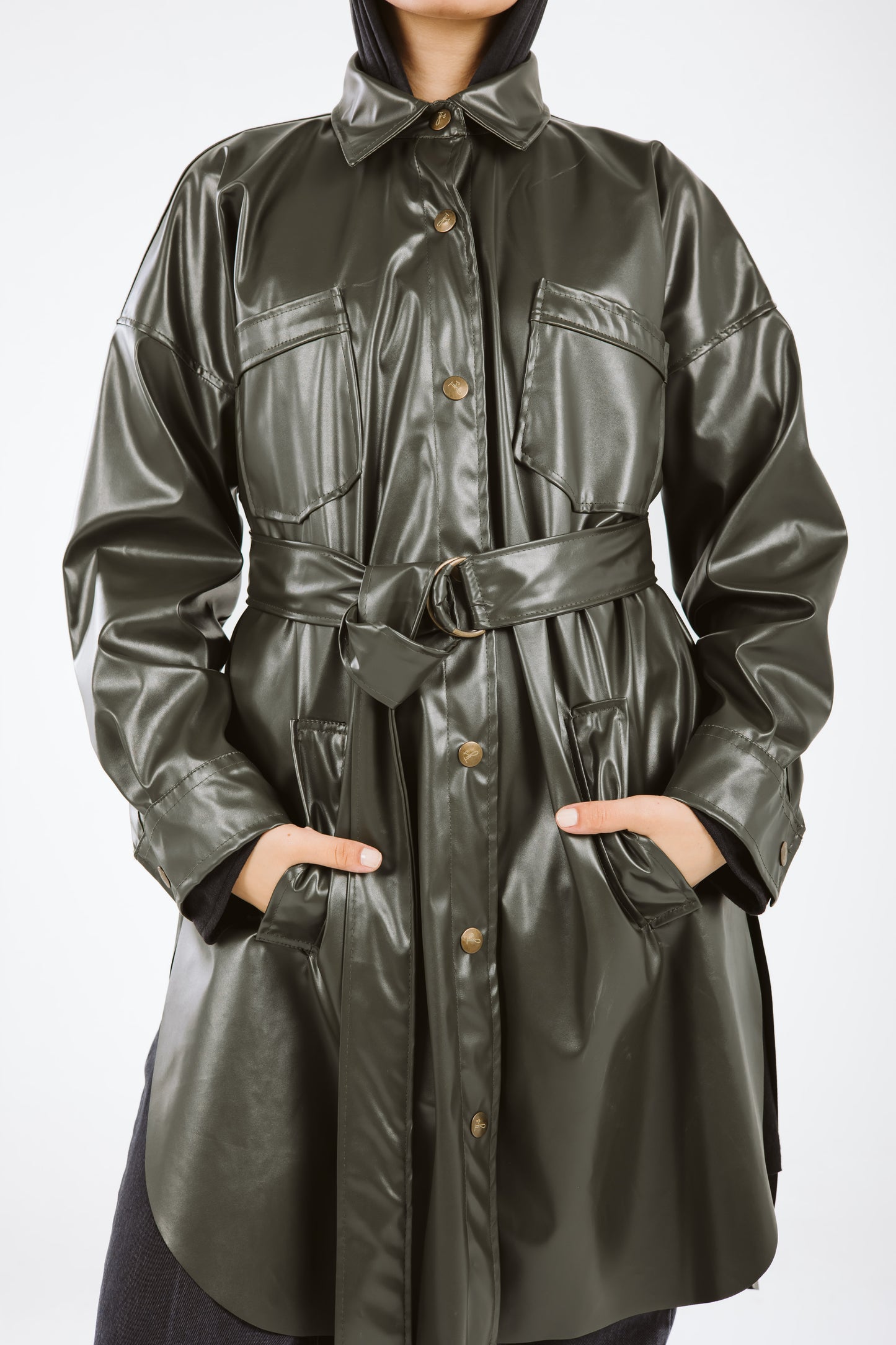 Faux Leather High Low Shirt in Olive
