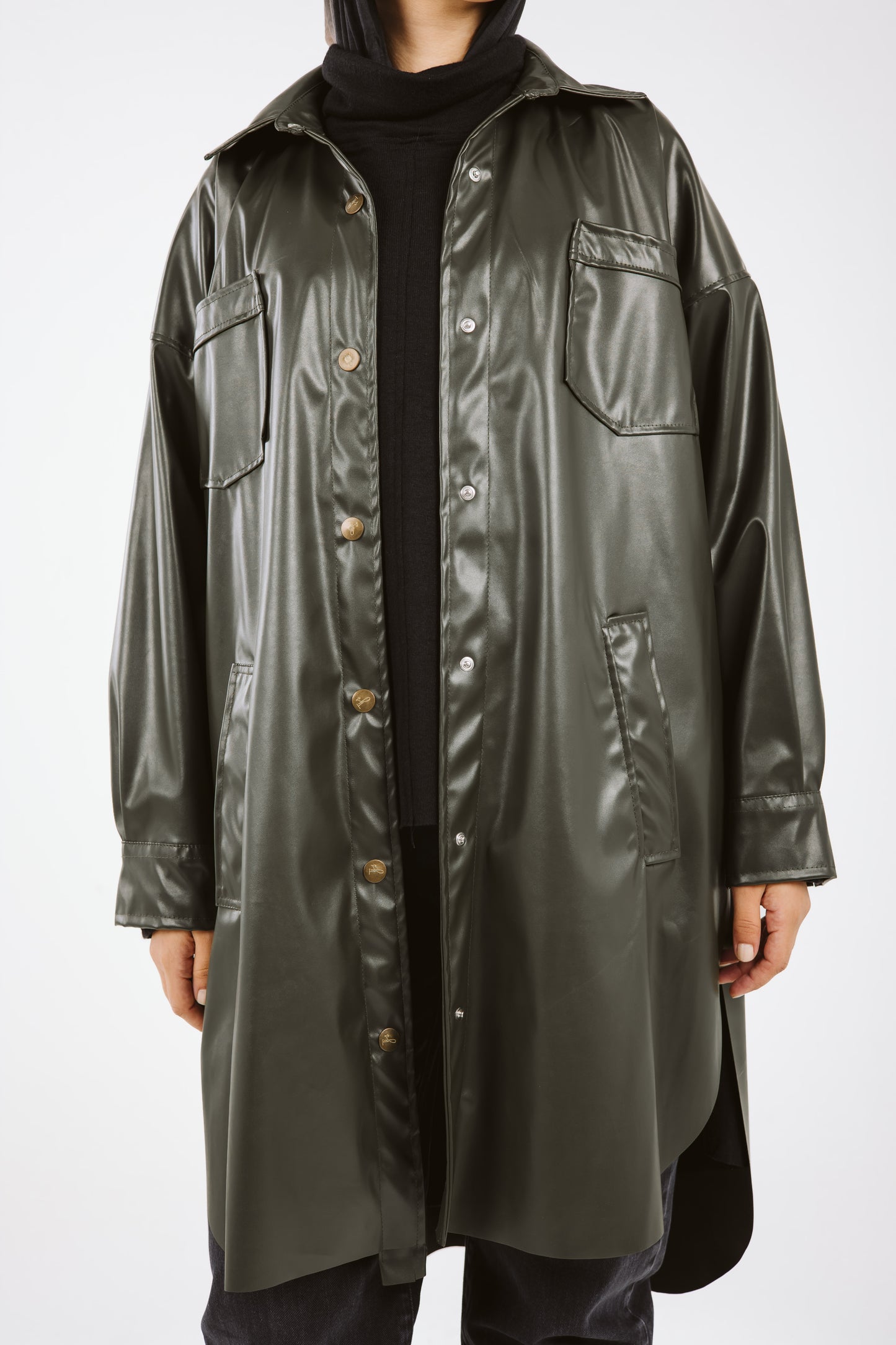 Faux Leather High Low Shirt in Olive