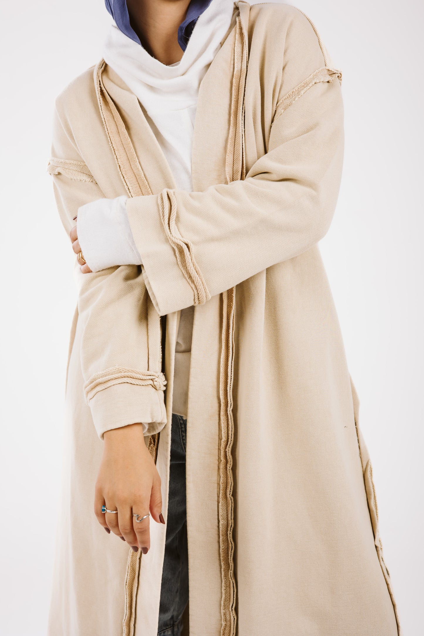 Long Stitches Cotton Melton Washed Cardigan in Beige