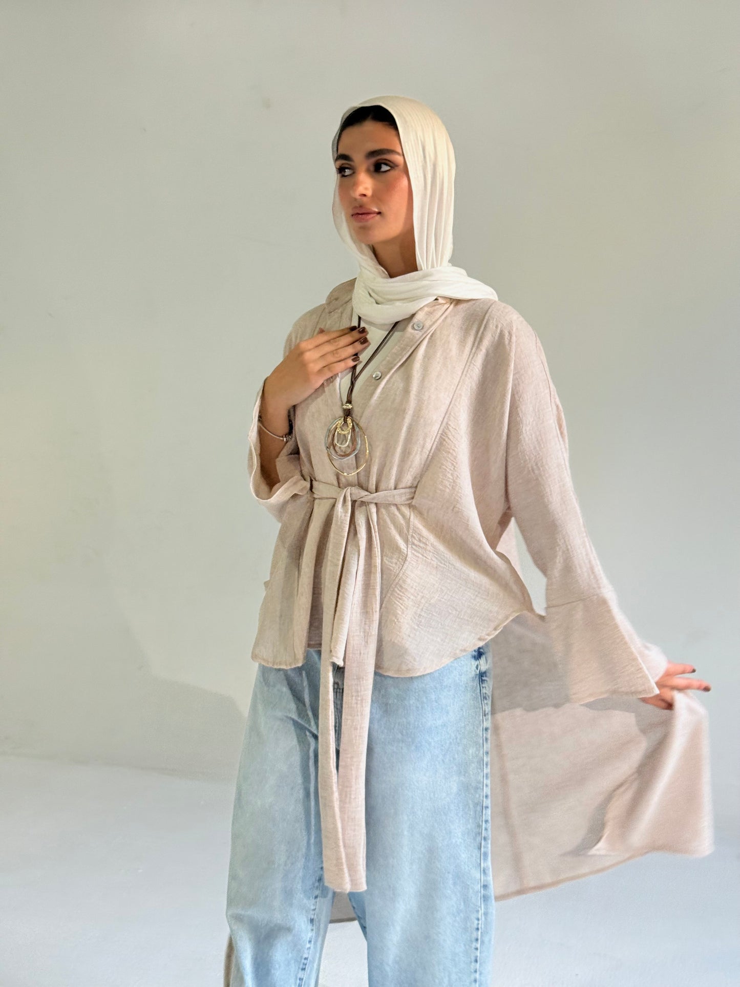 Linen Belted Asymmetrical Shirt in Beige