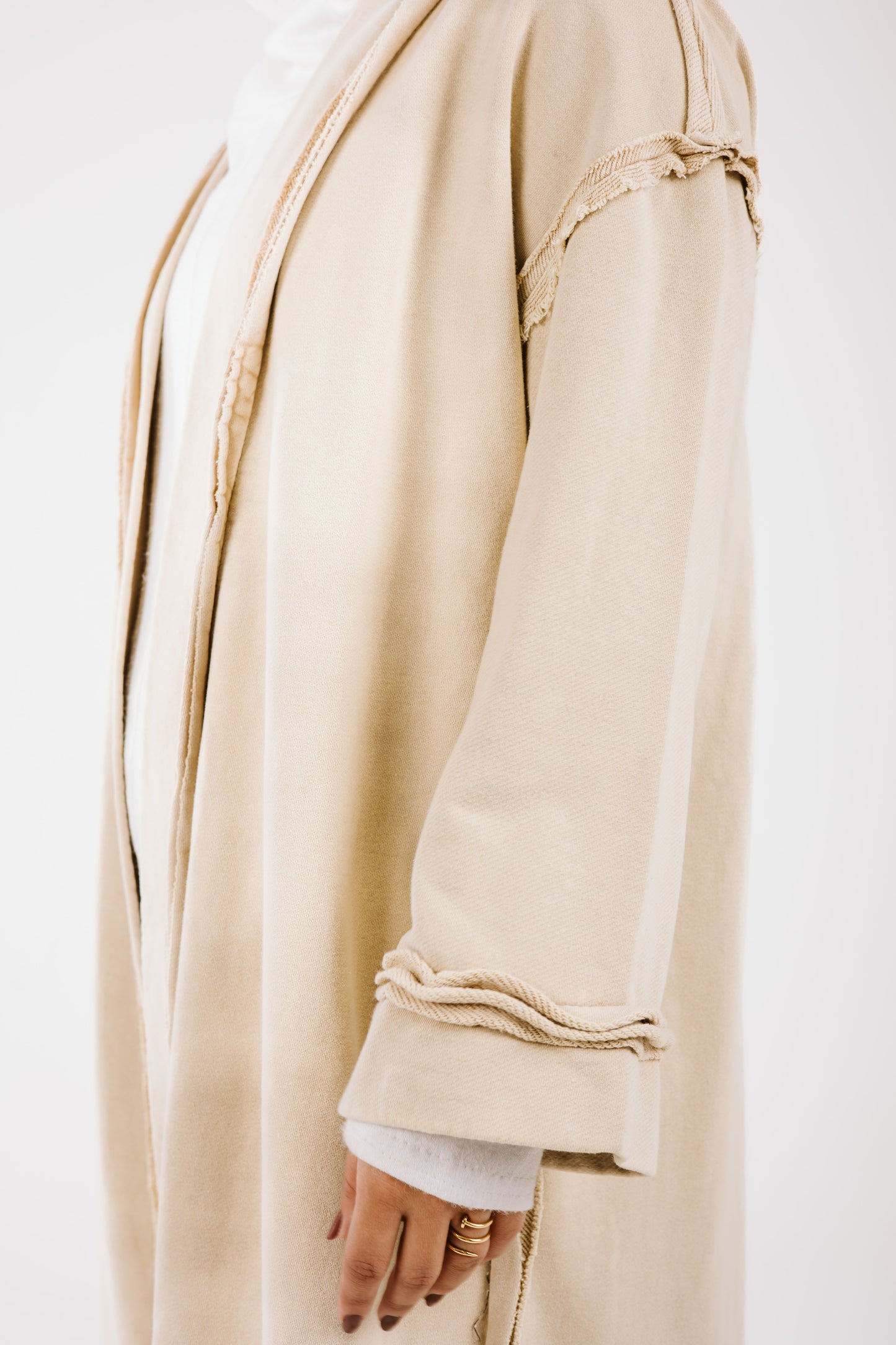 Long Stitches Cotton Melton Washed Cardigan in Beige