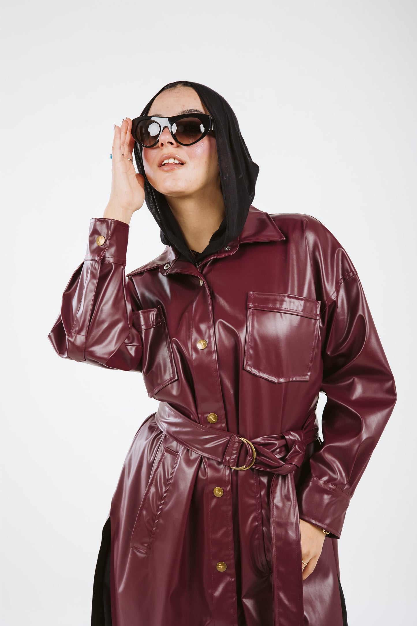 Faux Leather High Low Shirt in Burgundy