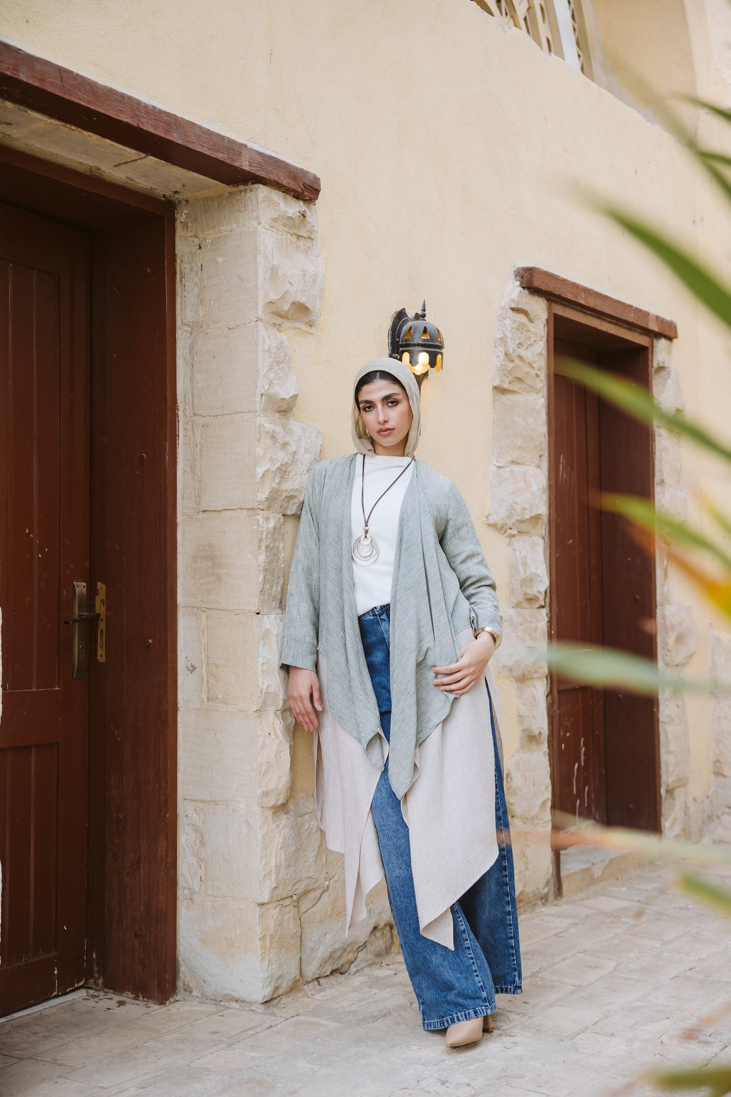 Asymmetrical bicolor linen Cardigan in Mint