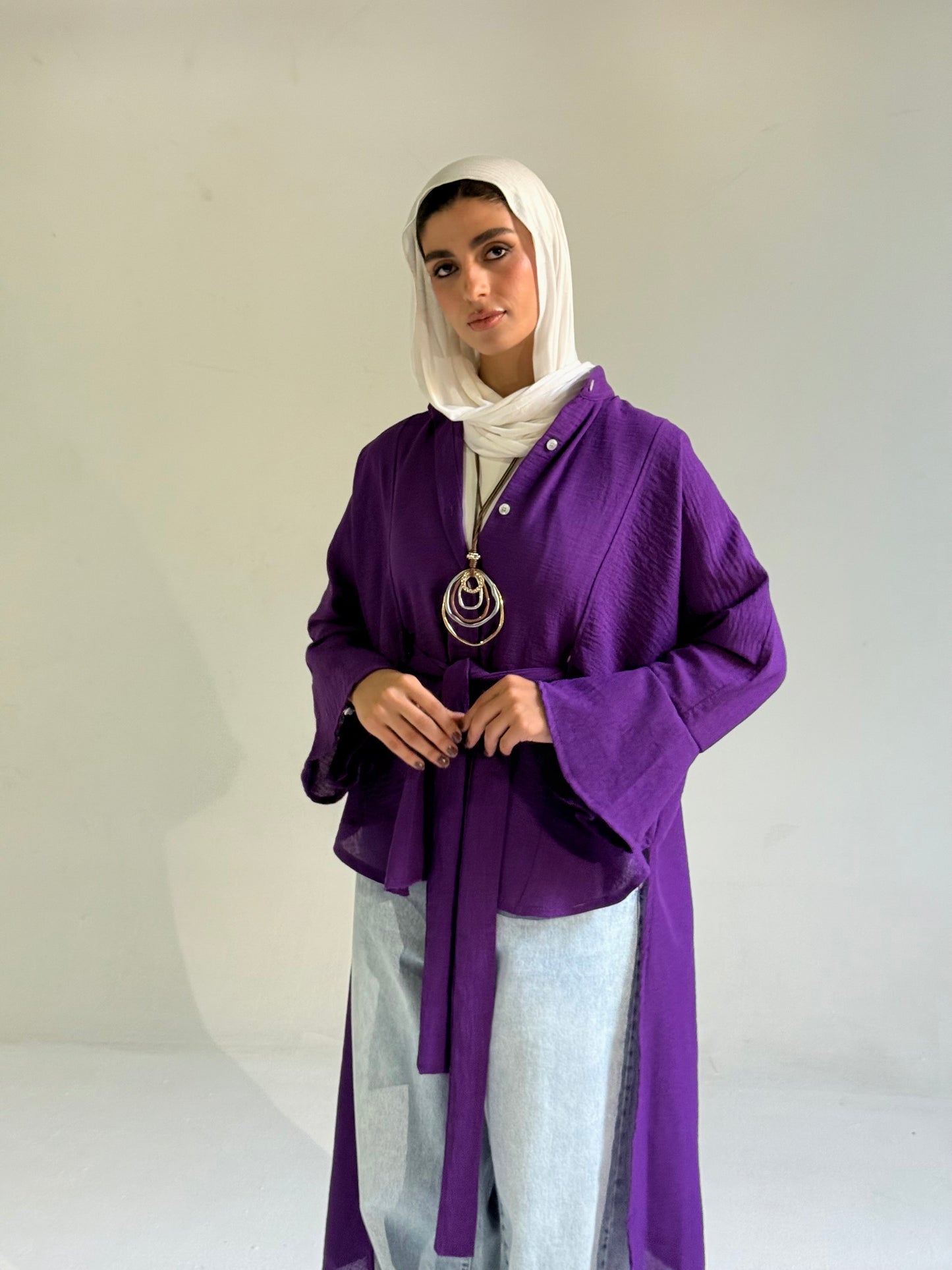 Linen Belted Asymmetrical Shirt in Purple