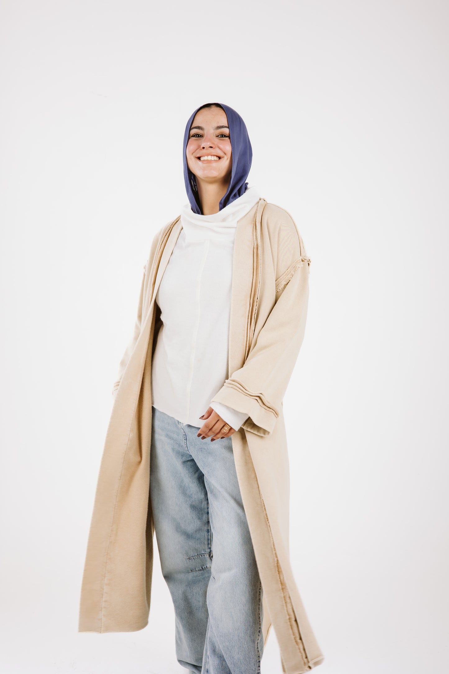 Long Stitches Cotton Melton Washed Cardigan in Beige