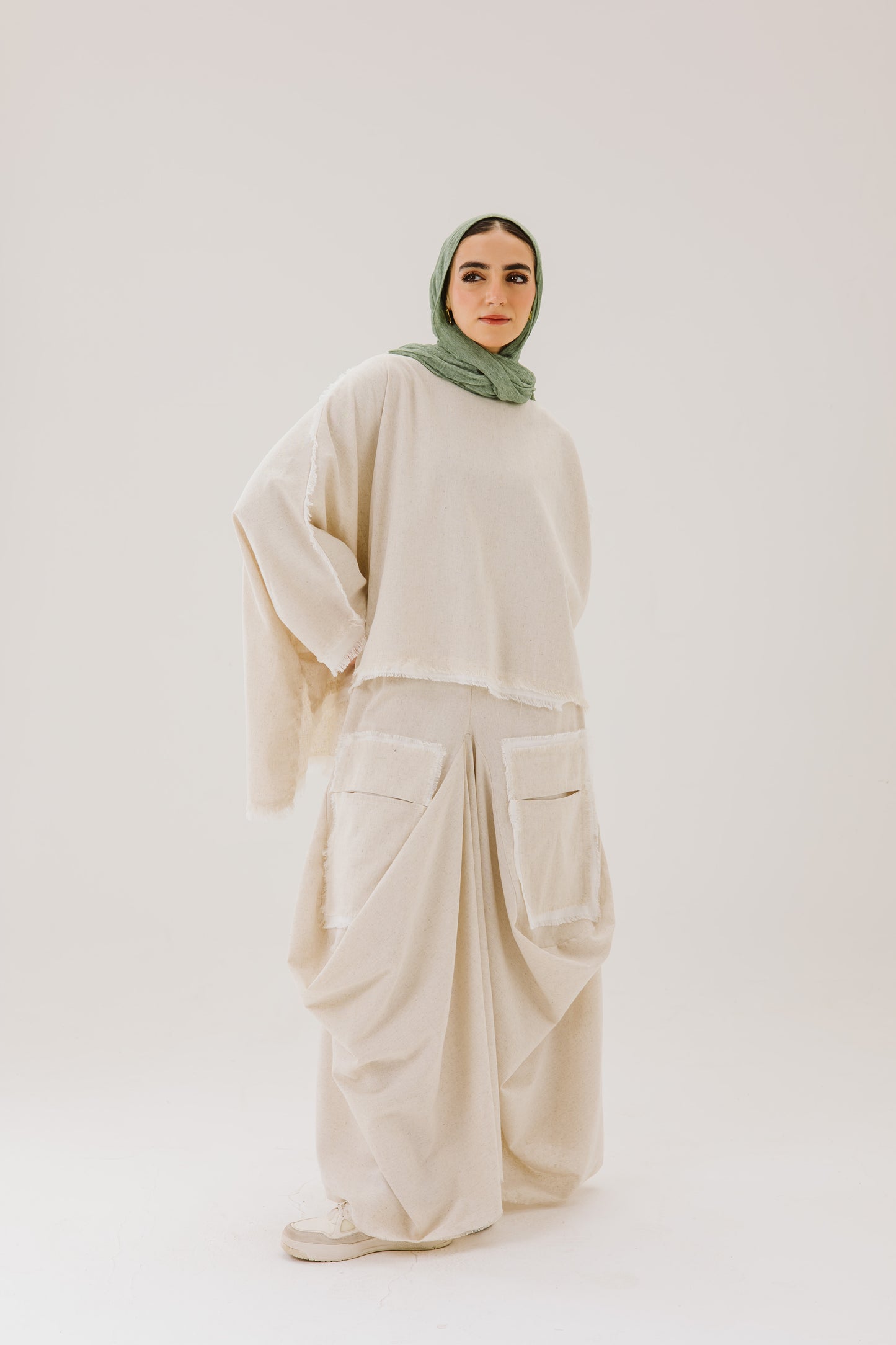 Asymmetrical Linen Pockets Skirt in Beige