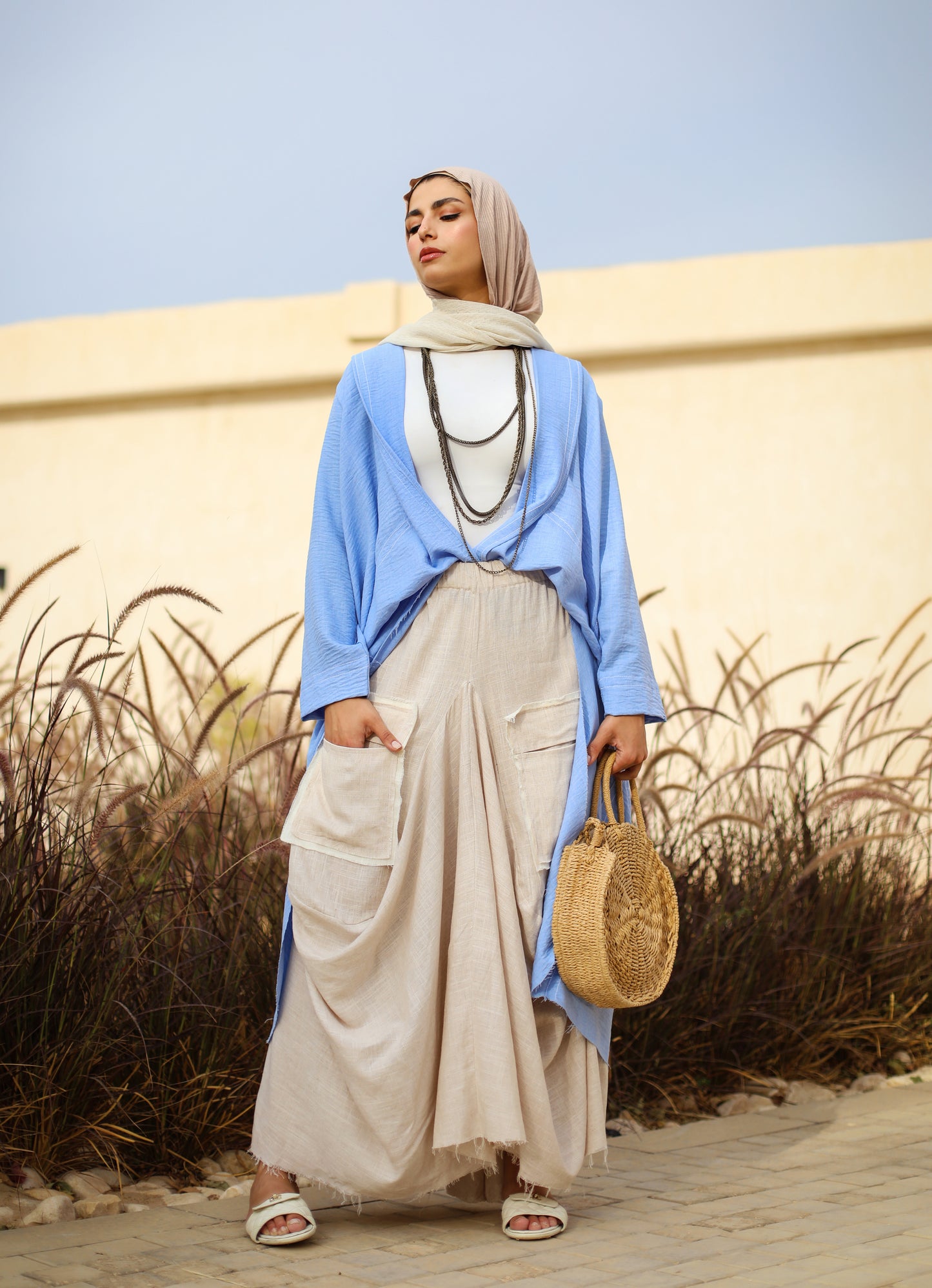 Asymmetrical Linen Pockets Skirt in Beige
