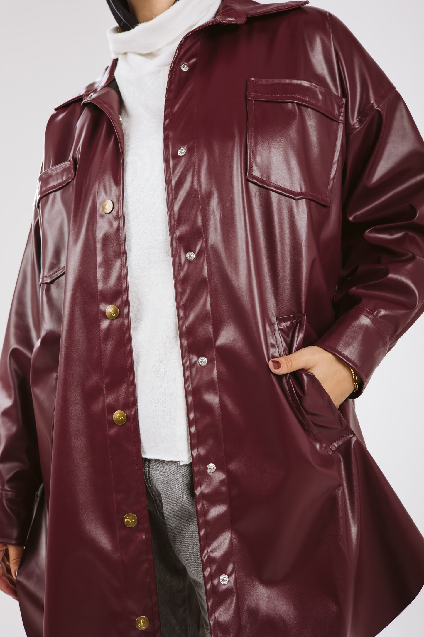 Faux Leather High Low Shirt in Burgundy