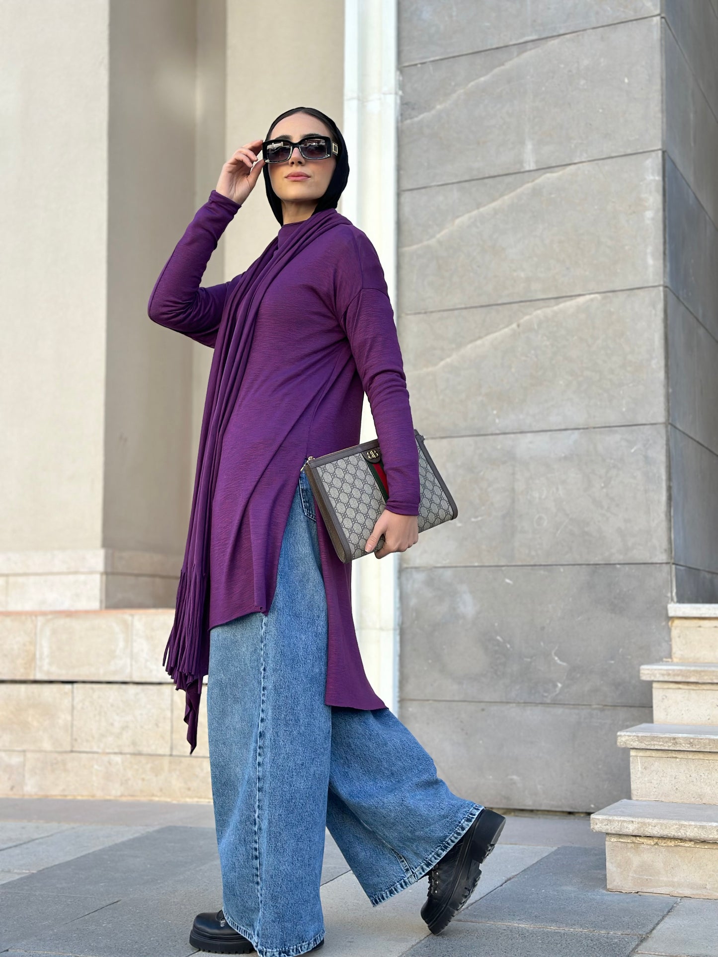 Waves Top with Fringes Scarf in Purple