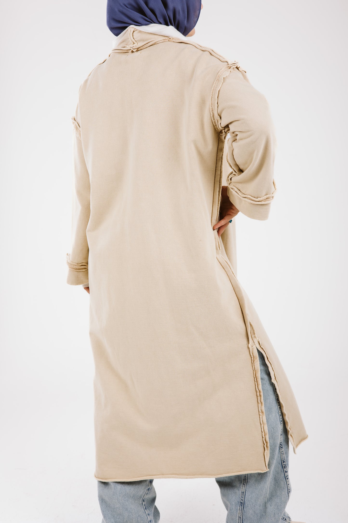 Long Stitches Cotton Melton Washed Cardigan in Beige