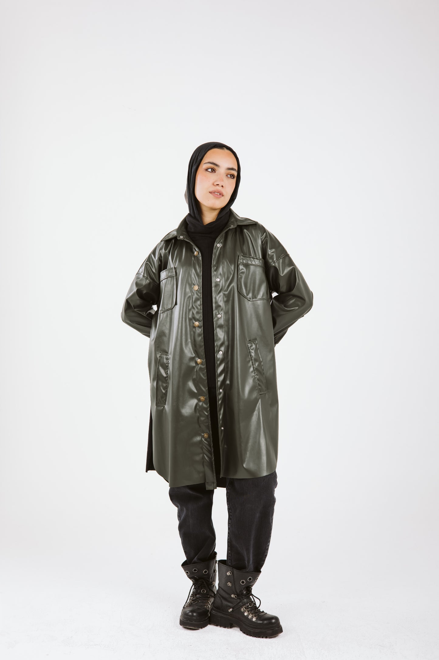 Faux Leather High Low Shirt in Olive