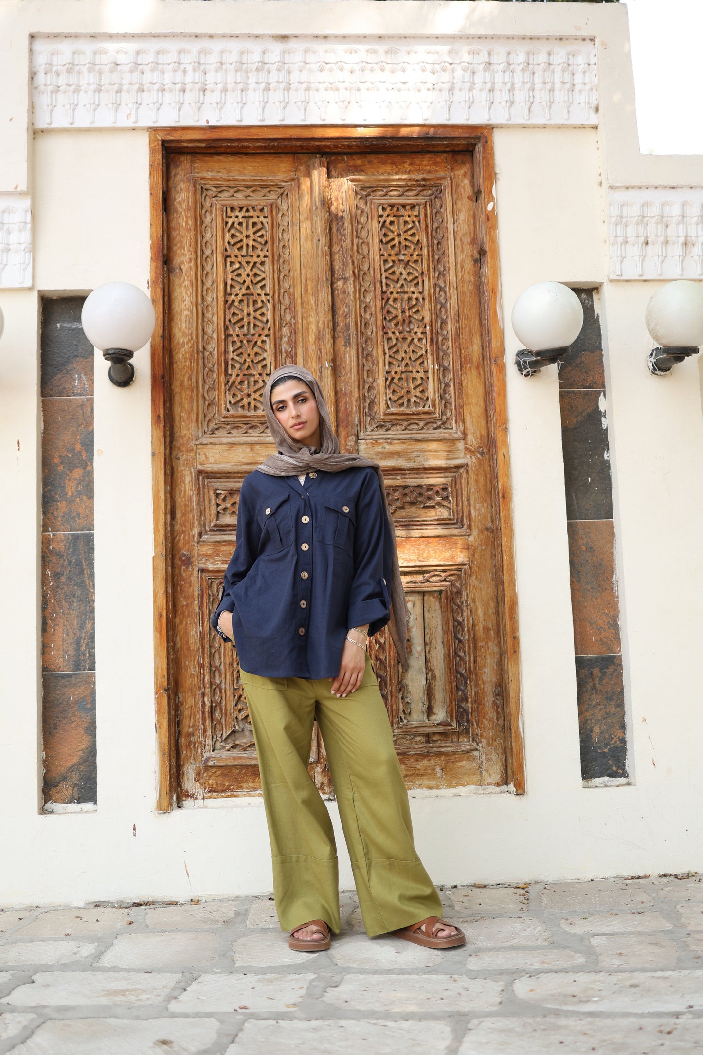 Wide Linen Pants in Olive