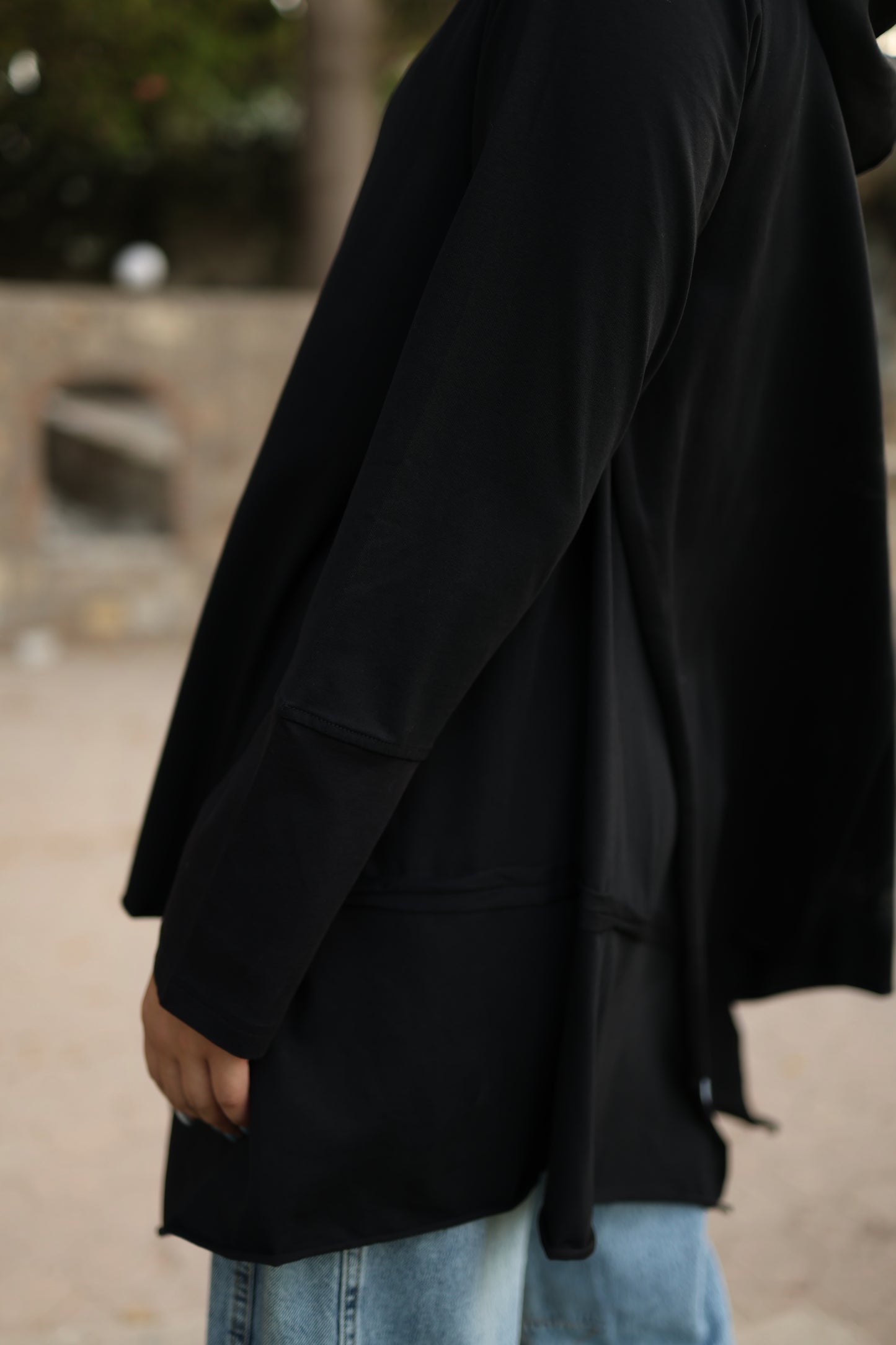 Stitches Side Hoodie Cotton Top in Black