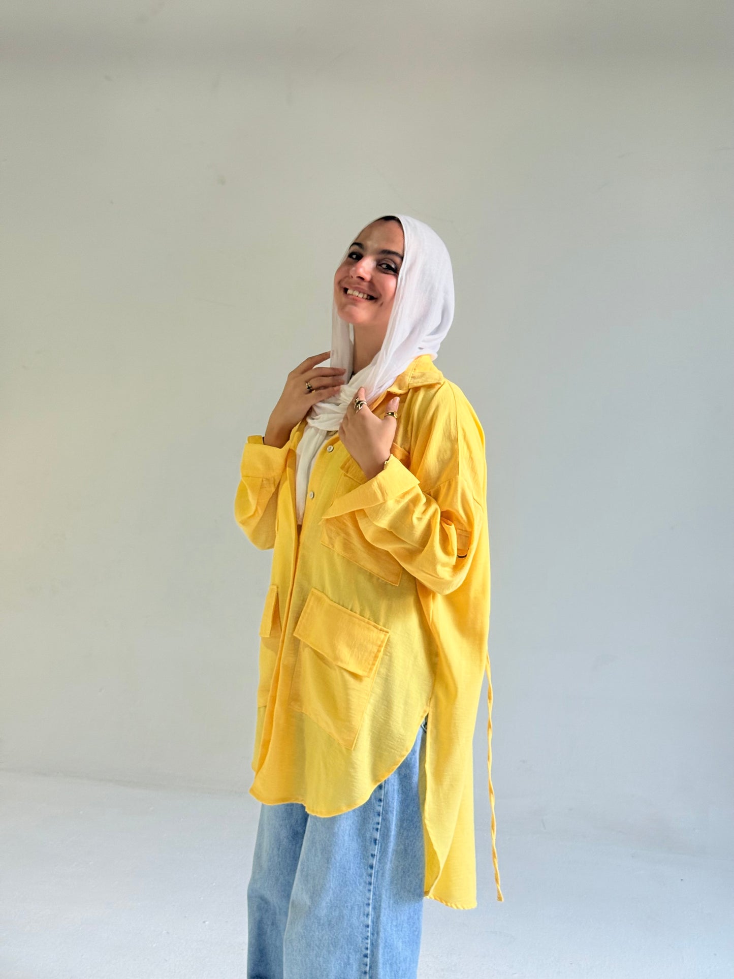 Linen Pockets Oversized High low Shirt in Yellow