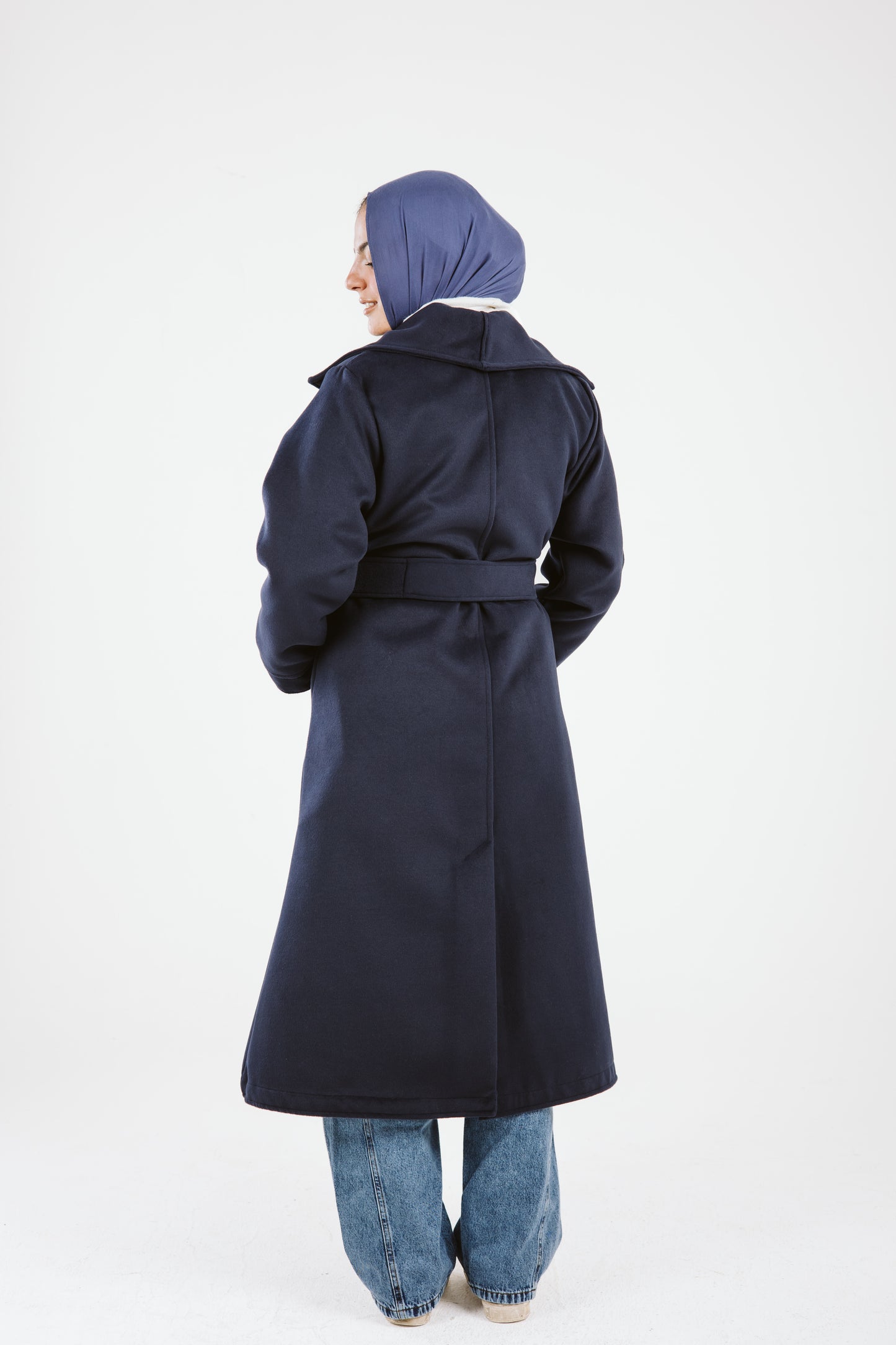 Woolen Trench Coat in Navy Blue