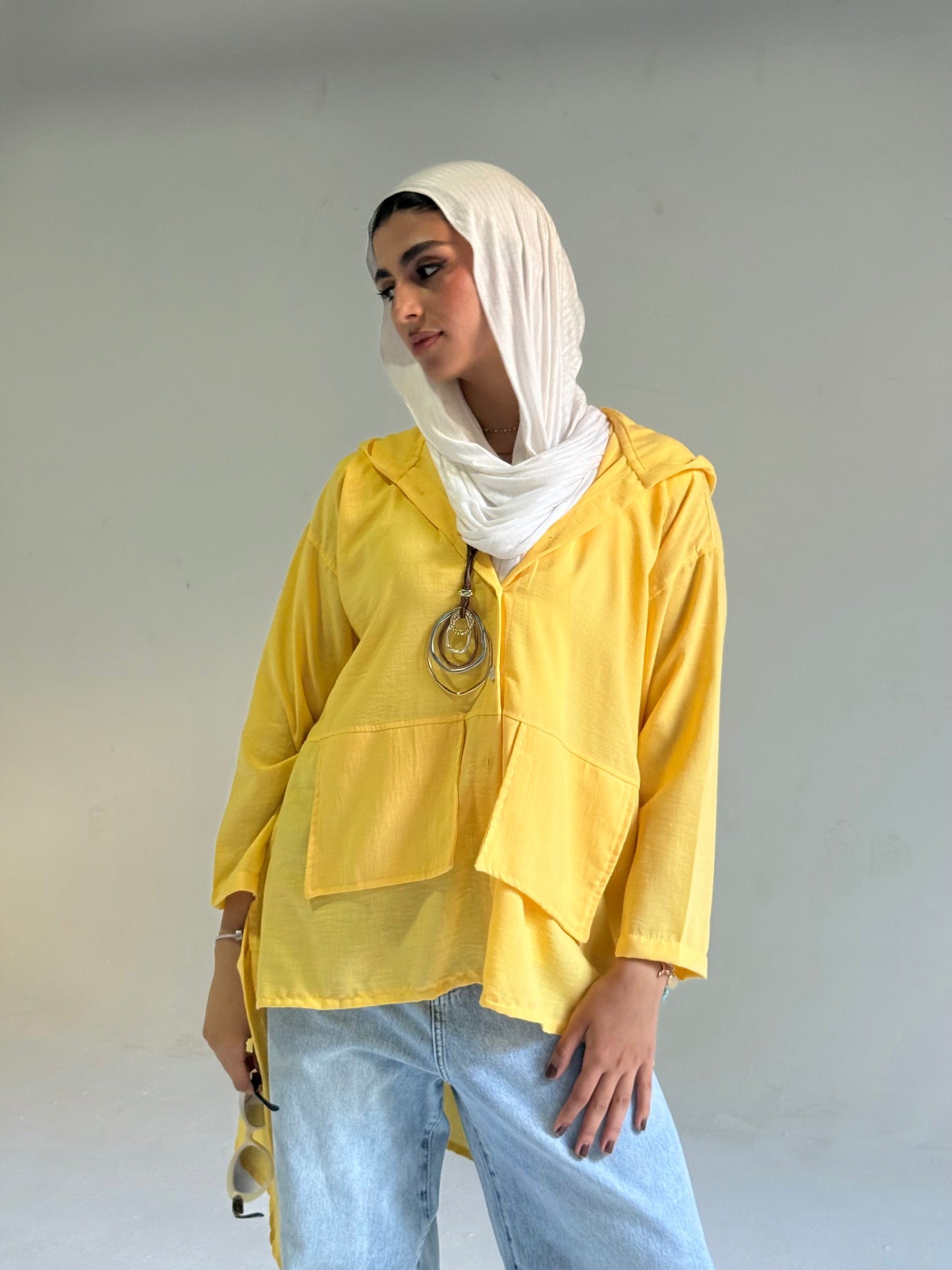 Hoodie High Low Pockets Shirt in Yellow
