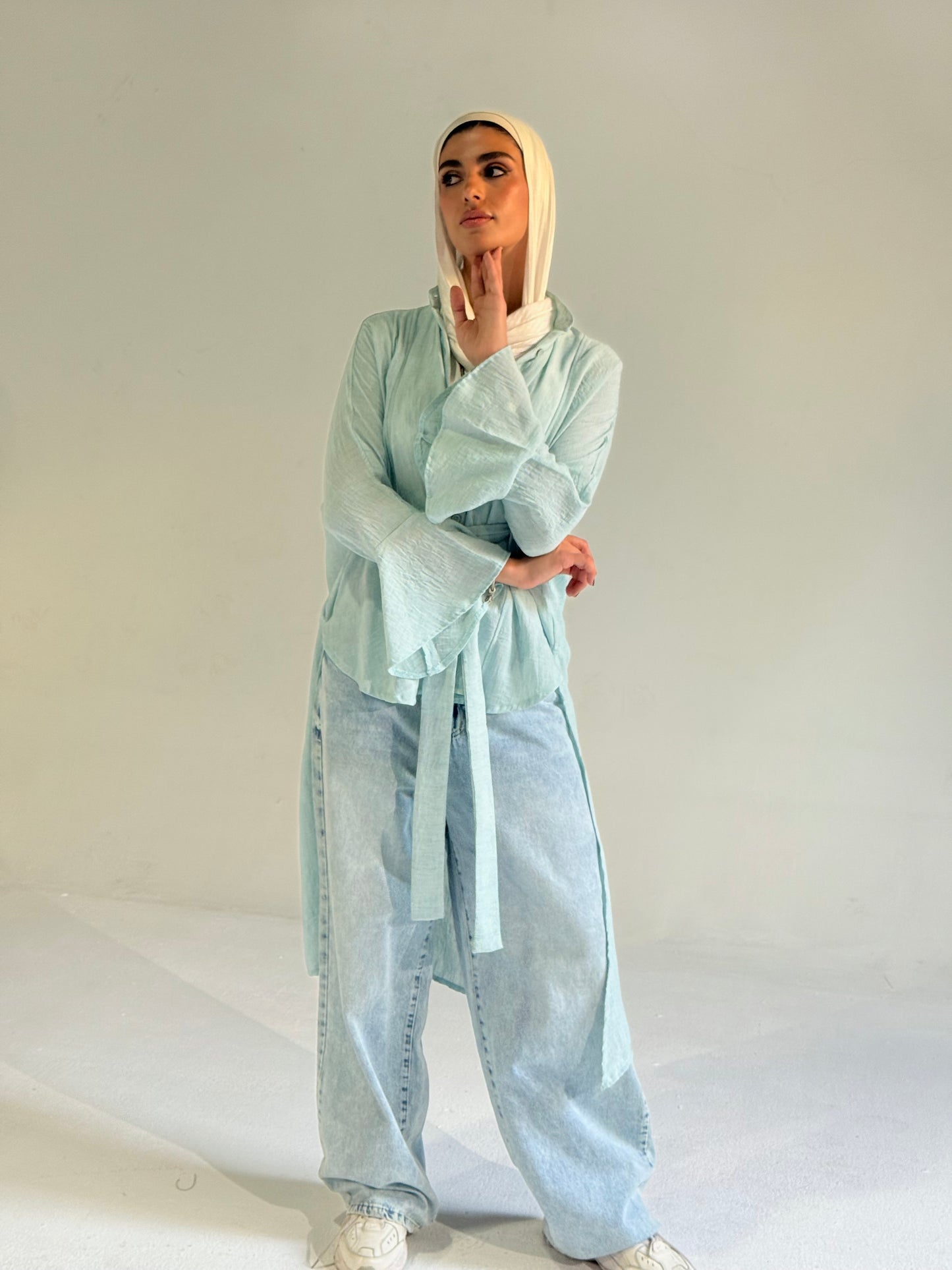 Linen Belted Asymmetrical Shirt in Aqua Blue
