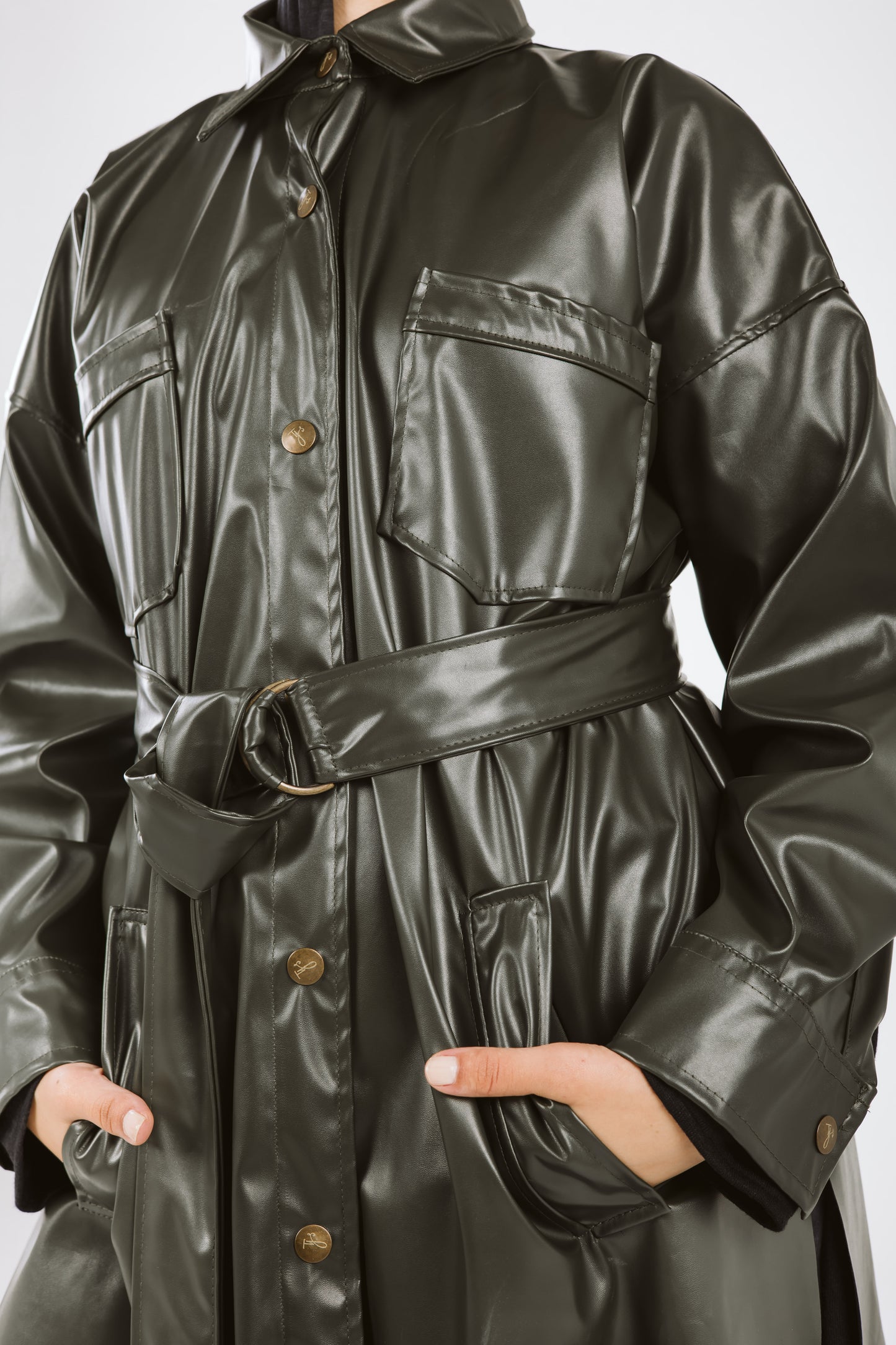 Faux Leather High Low Shirt in Olive