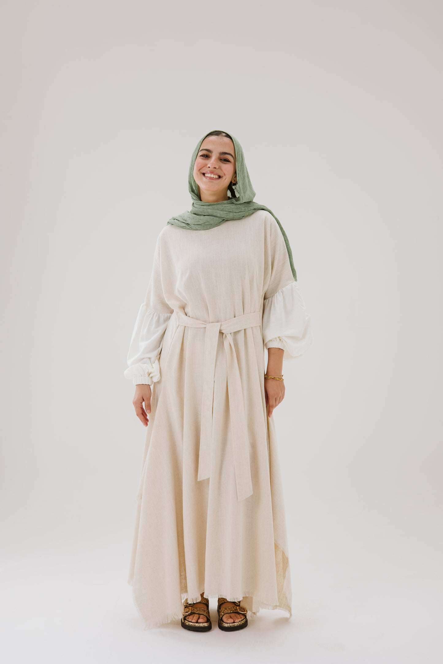 Asymmetrical Linen Wrap Dress in Beige