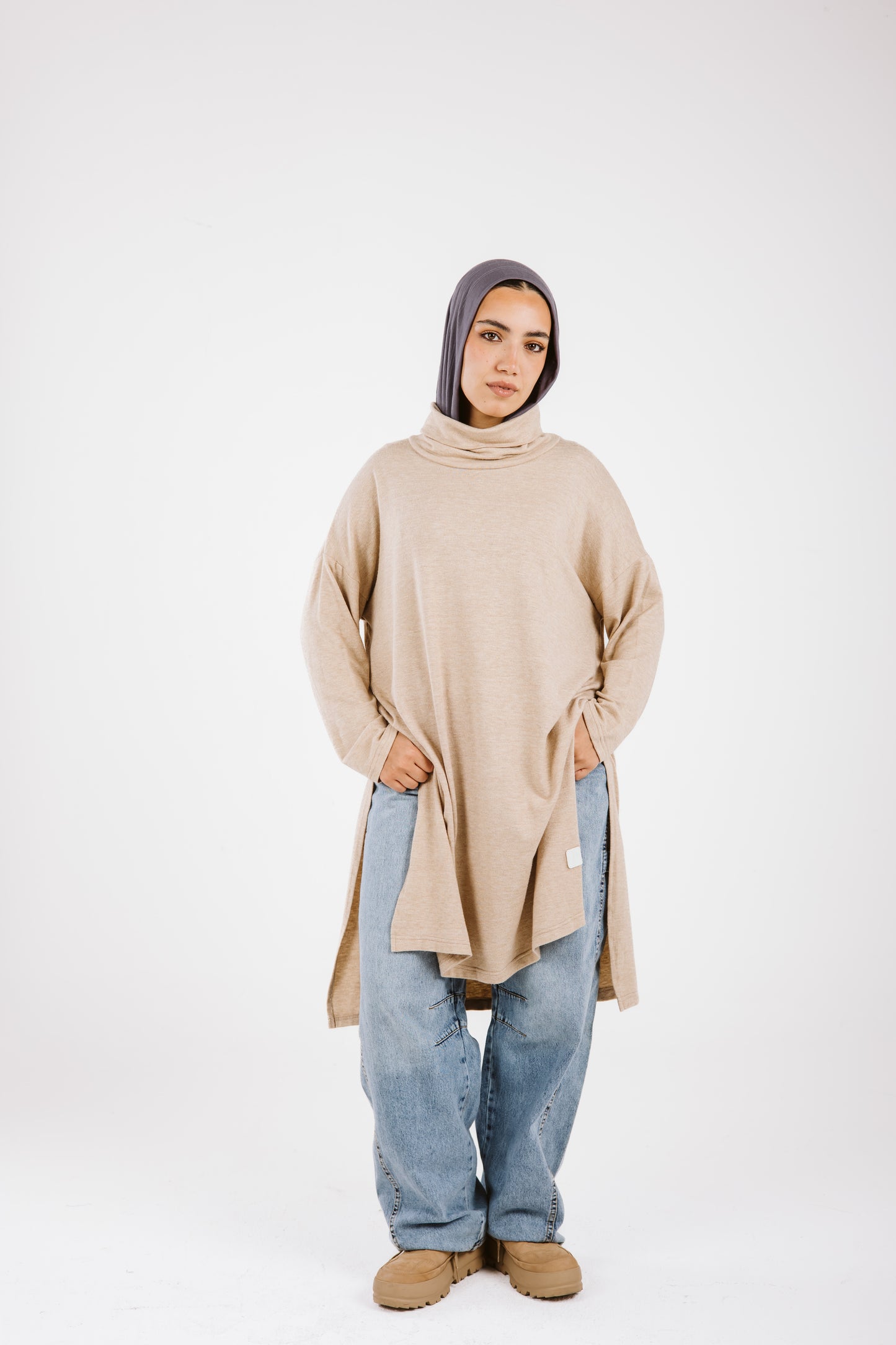 High Low Soft Wool Top in Beige