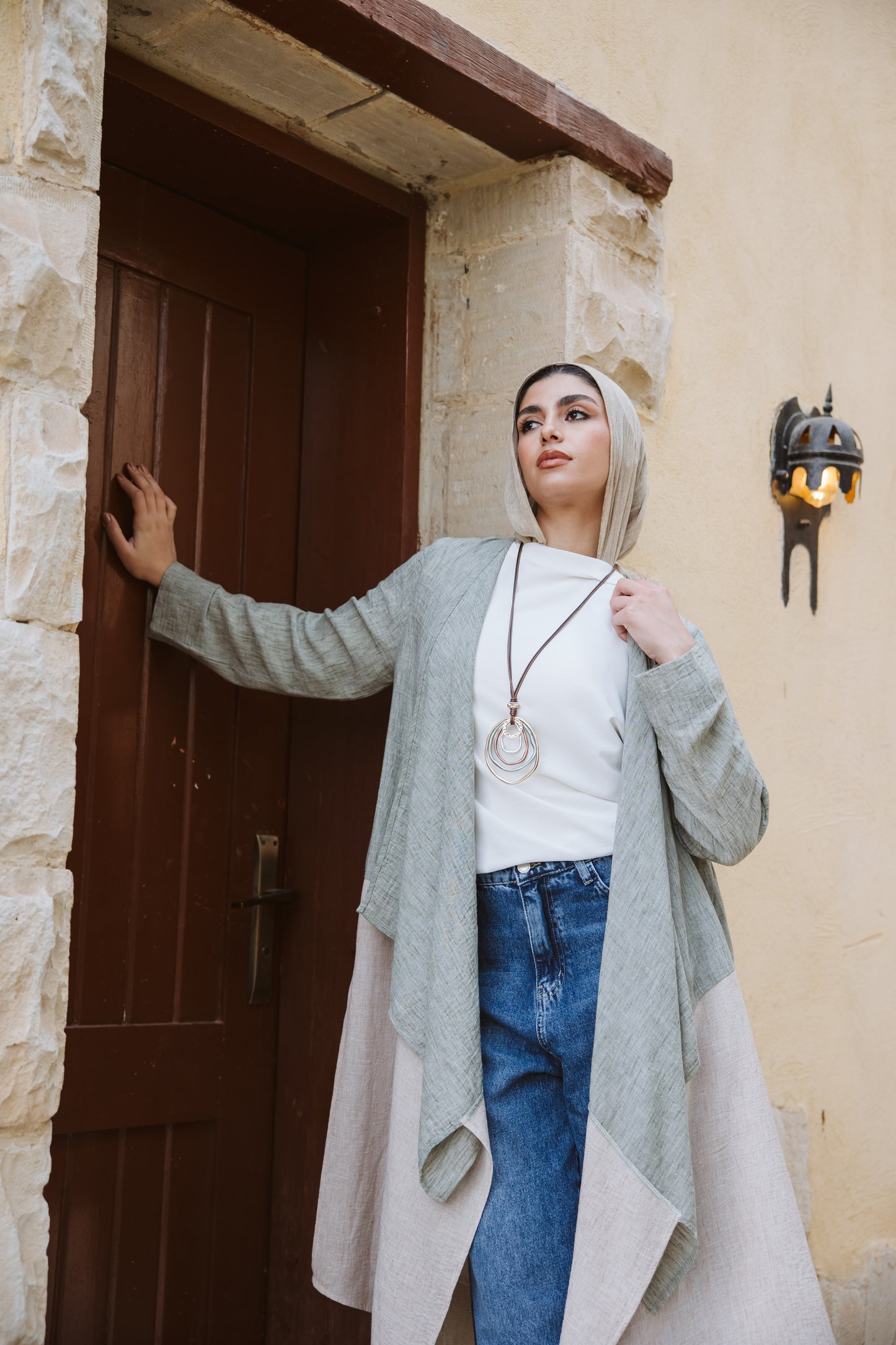 Asymmetrical bicolor linen Cardigan in Mint