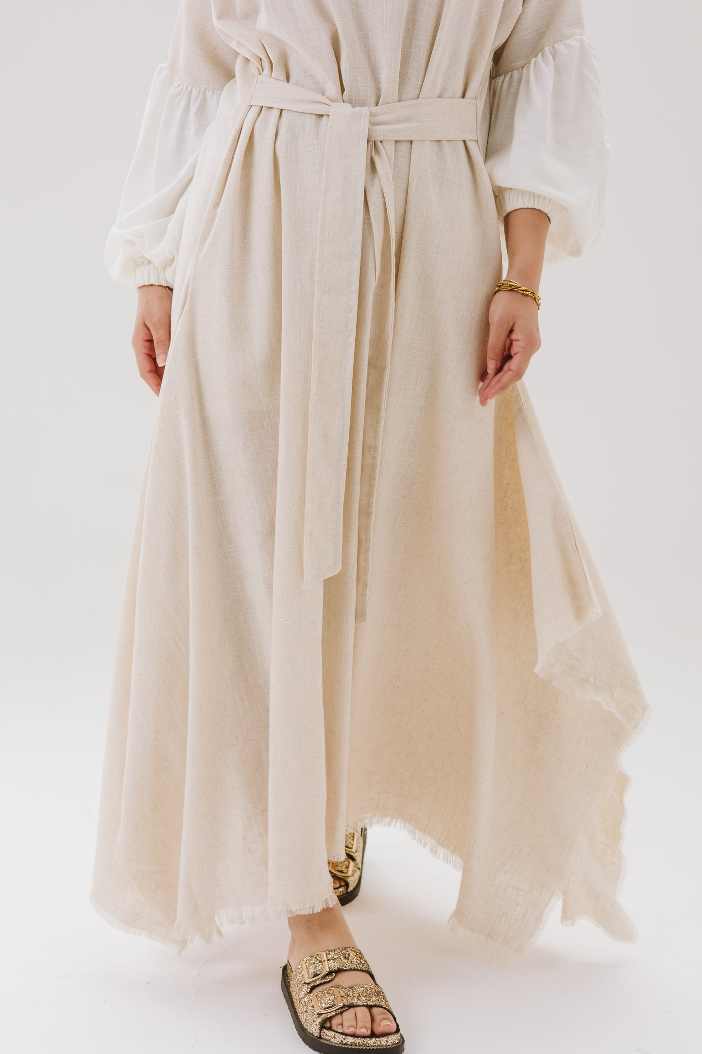 Asymmetrical Linen Wrap Dress in Beige