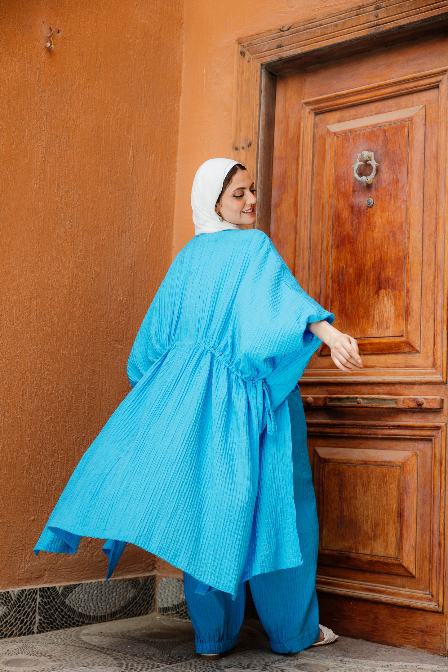 Puffy Sleeves Pleated Set in Turquoise