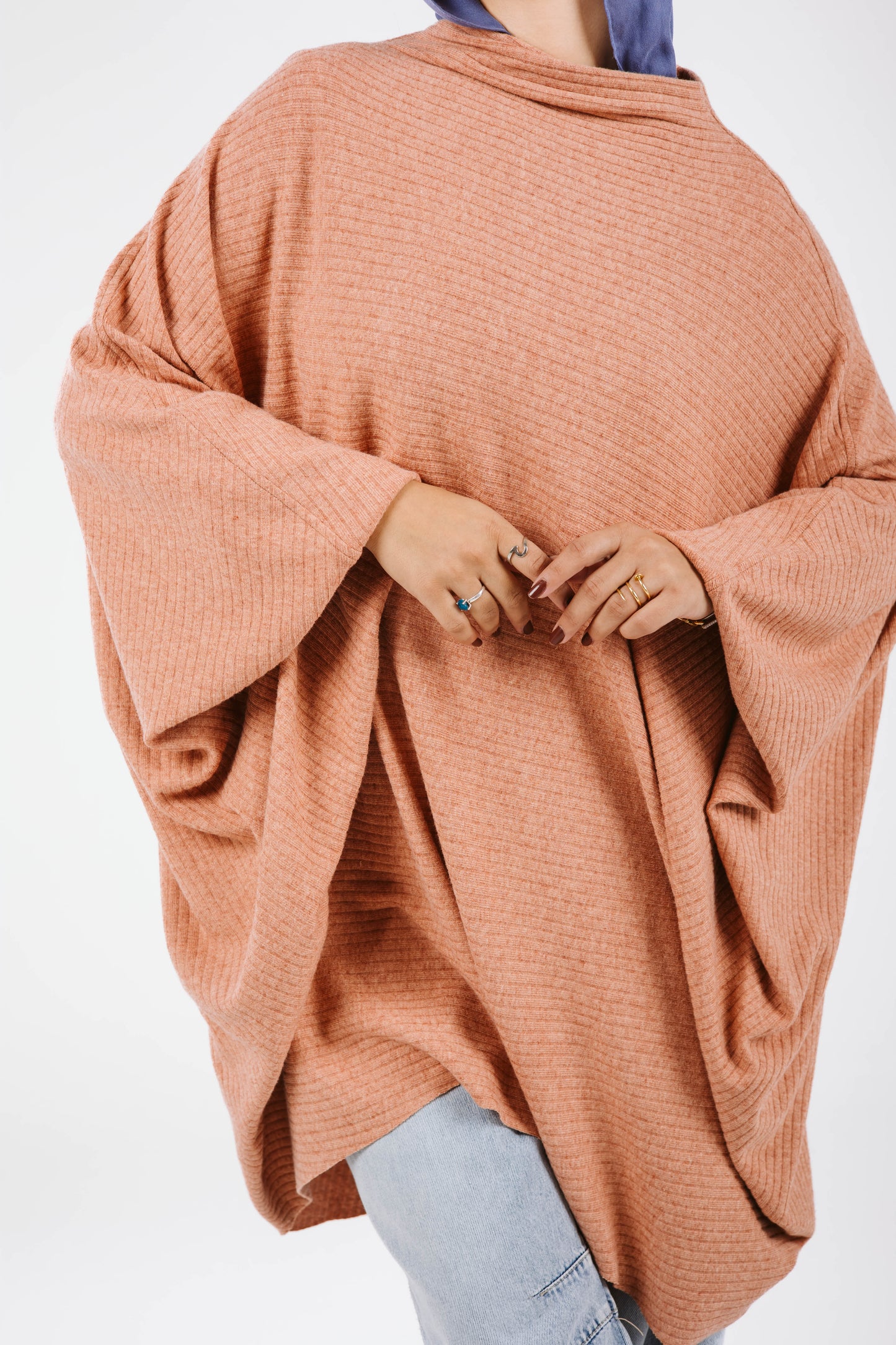 Long Sleeves Wool poncho in Peach