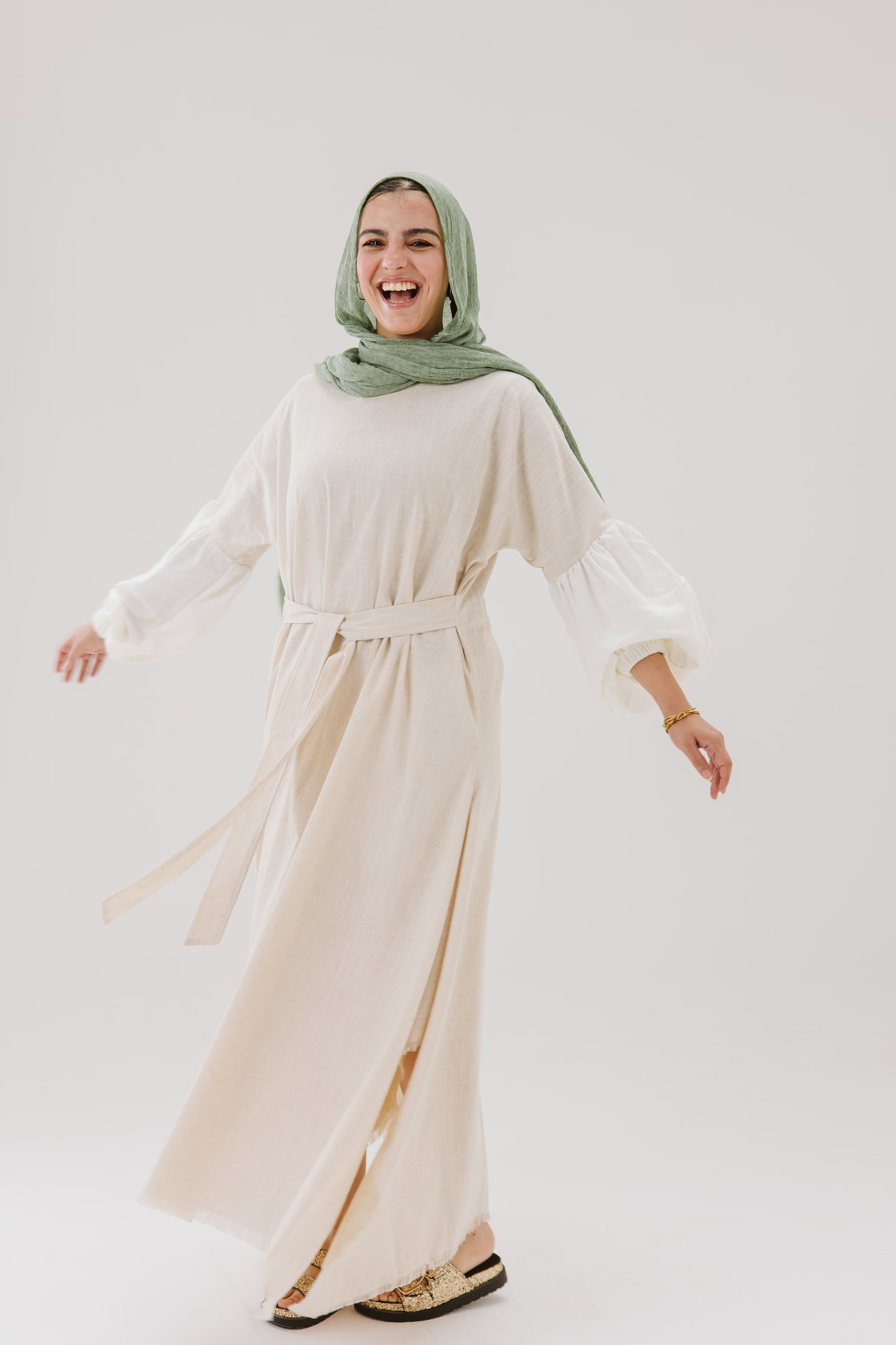 Asymmetrical Linen Wrap Dress in Beige