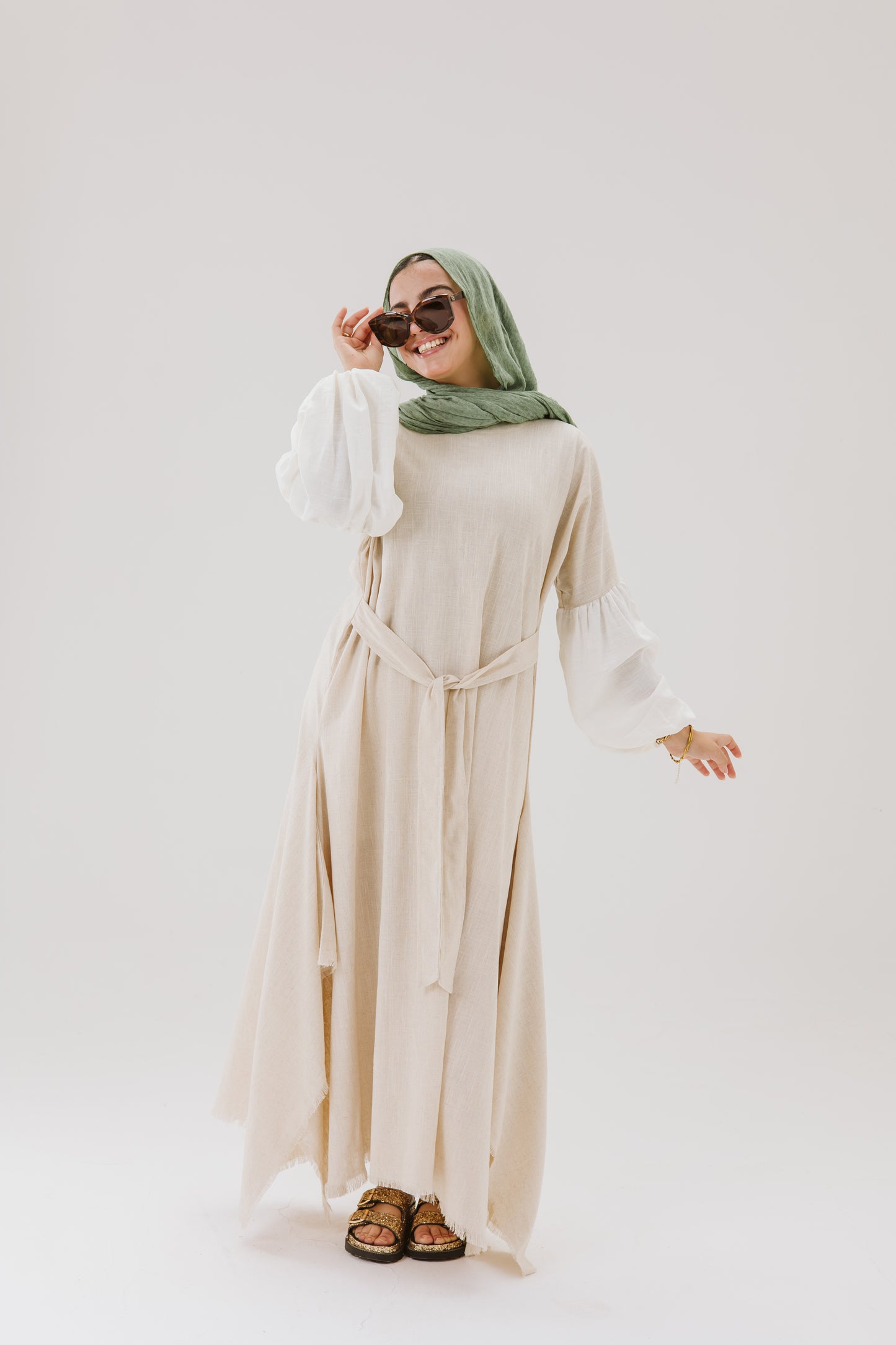 Asymmetrical Linen Wrap Dress in Beige