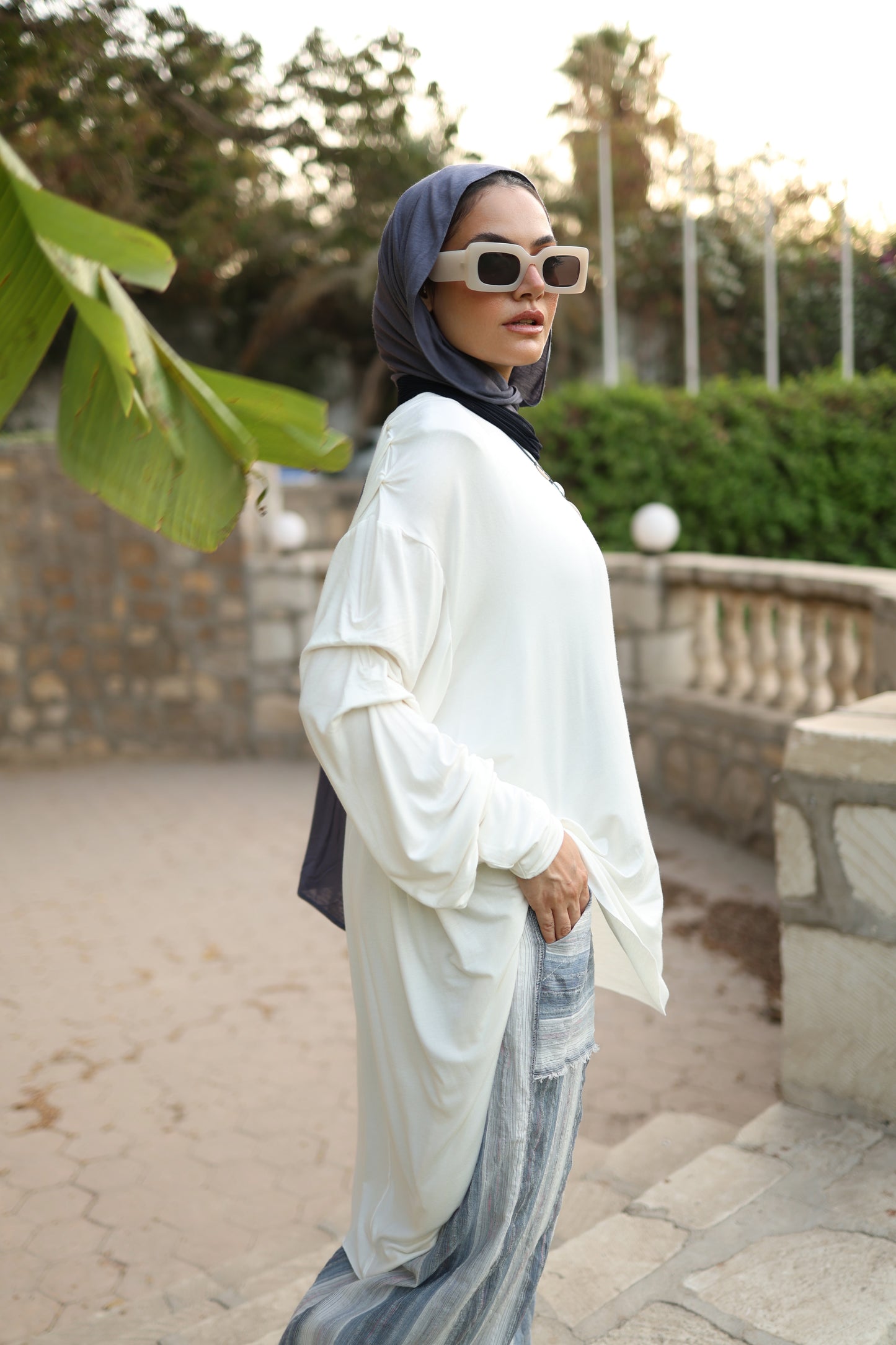 High Low Drapee Sleeves Top in Off White