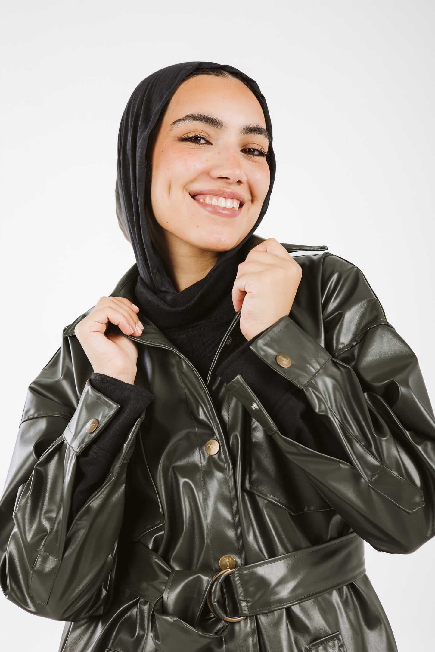 Faux Leather High Low Shirt in Olive