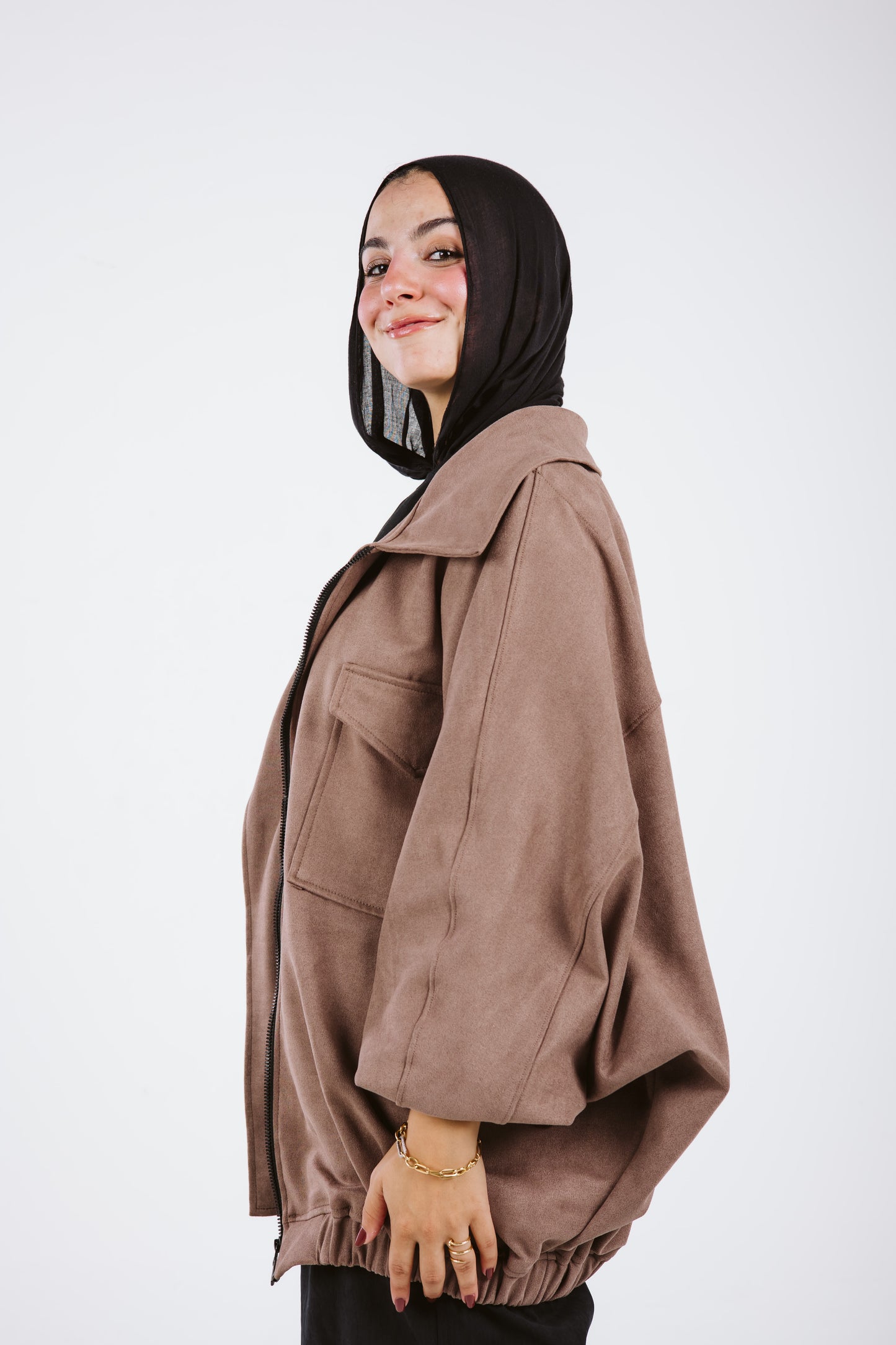 Oversized Suede Bomber Jacket in Moka