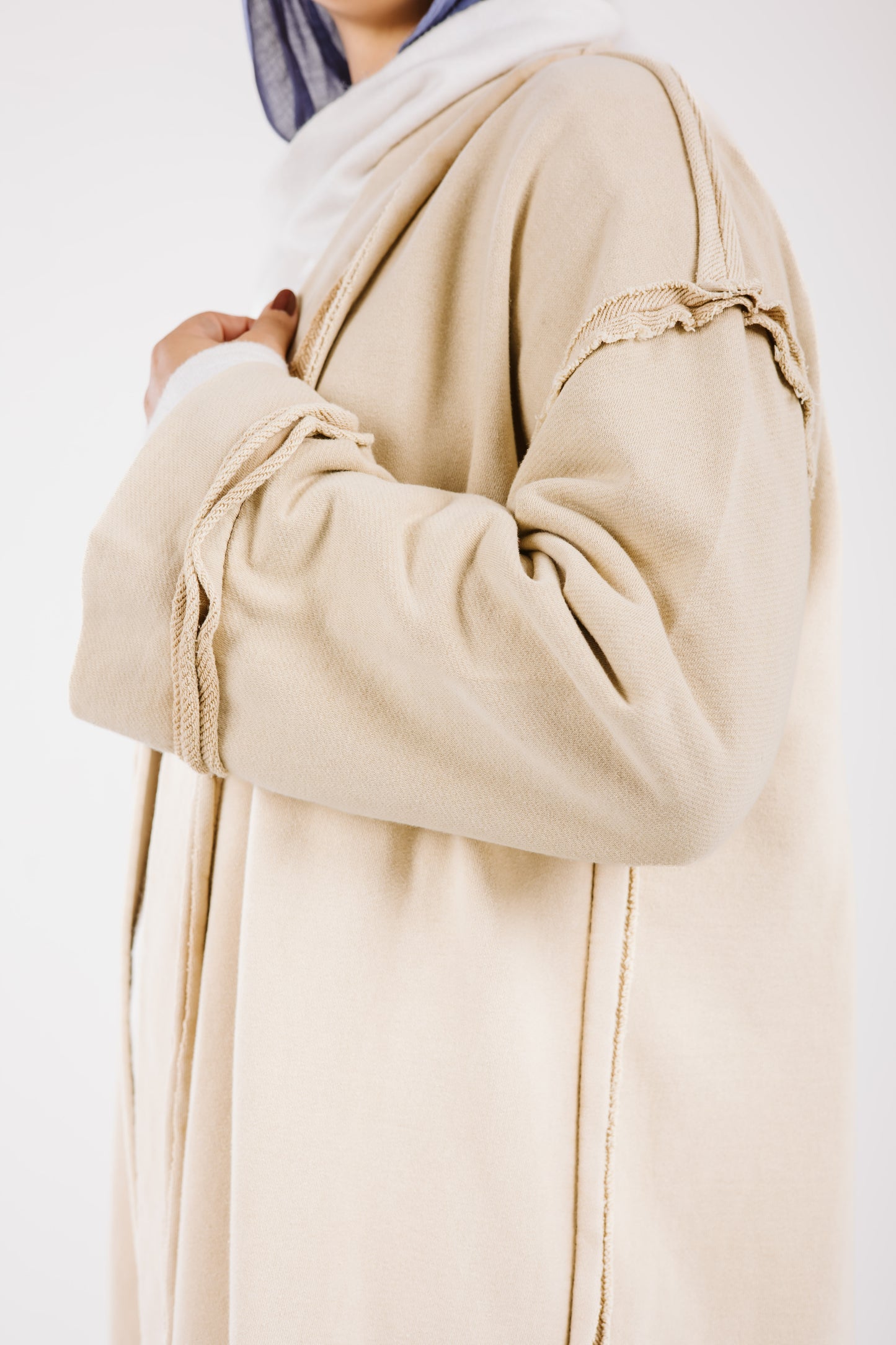 Long Stitches Cotton Melton Washed Cardigan in Beige