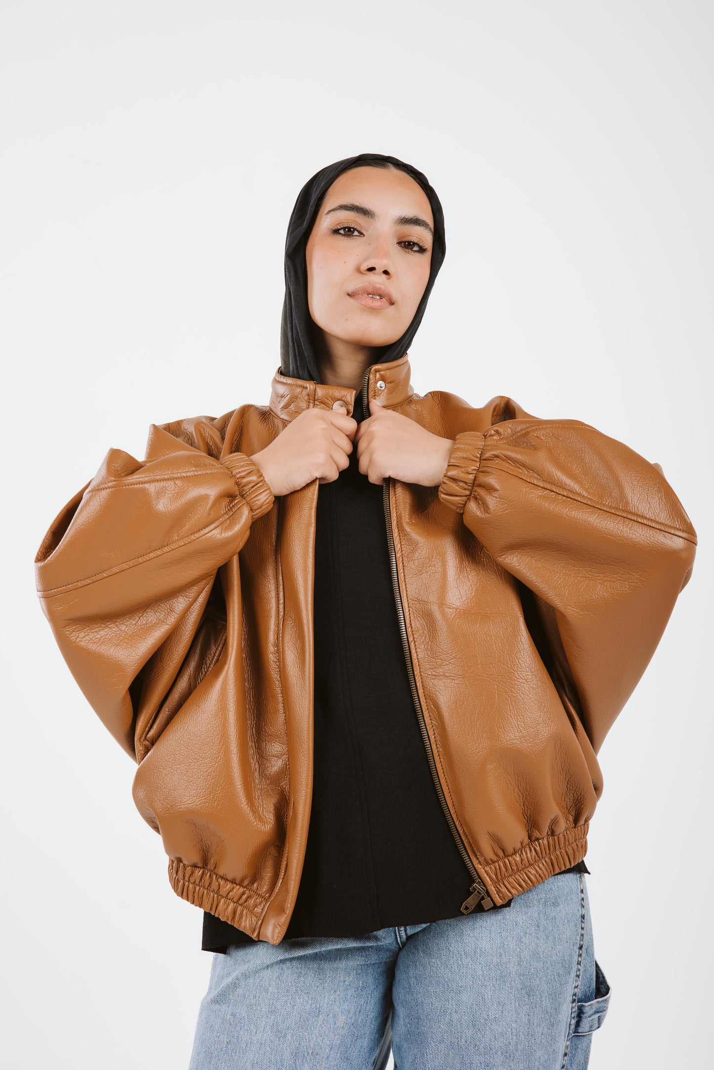 Oversized Leather Jacket in caramel