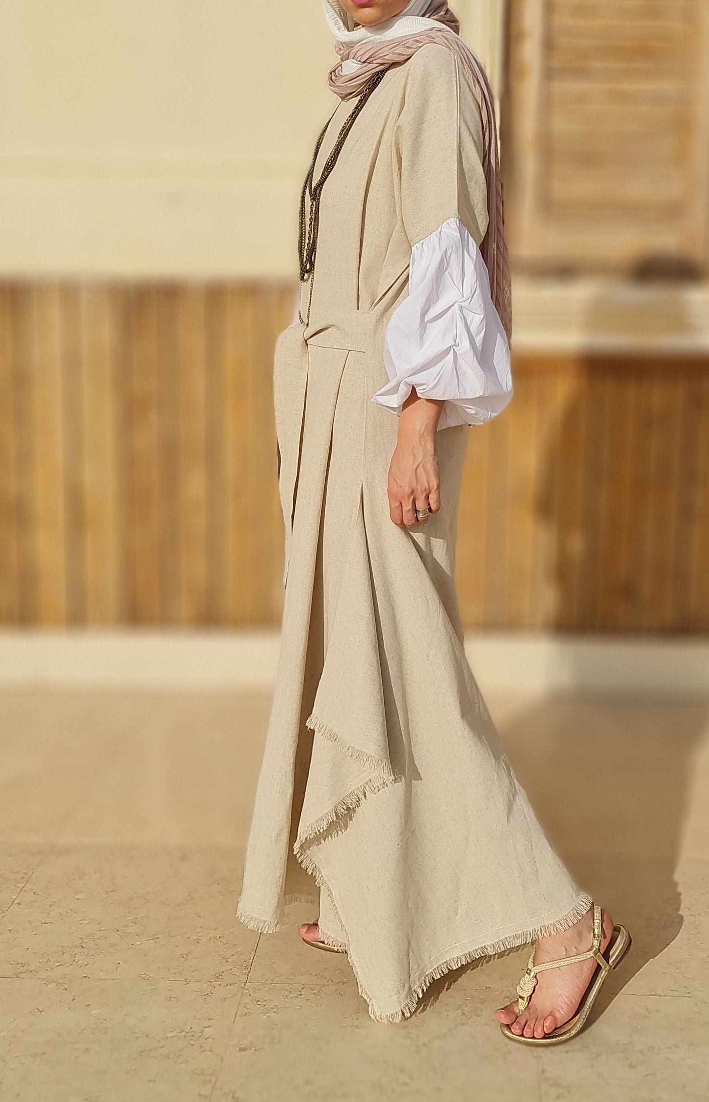Asymmetrical Linen Wrap Dress in Beige