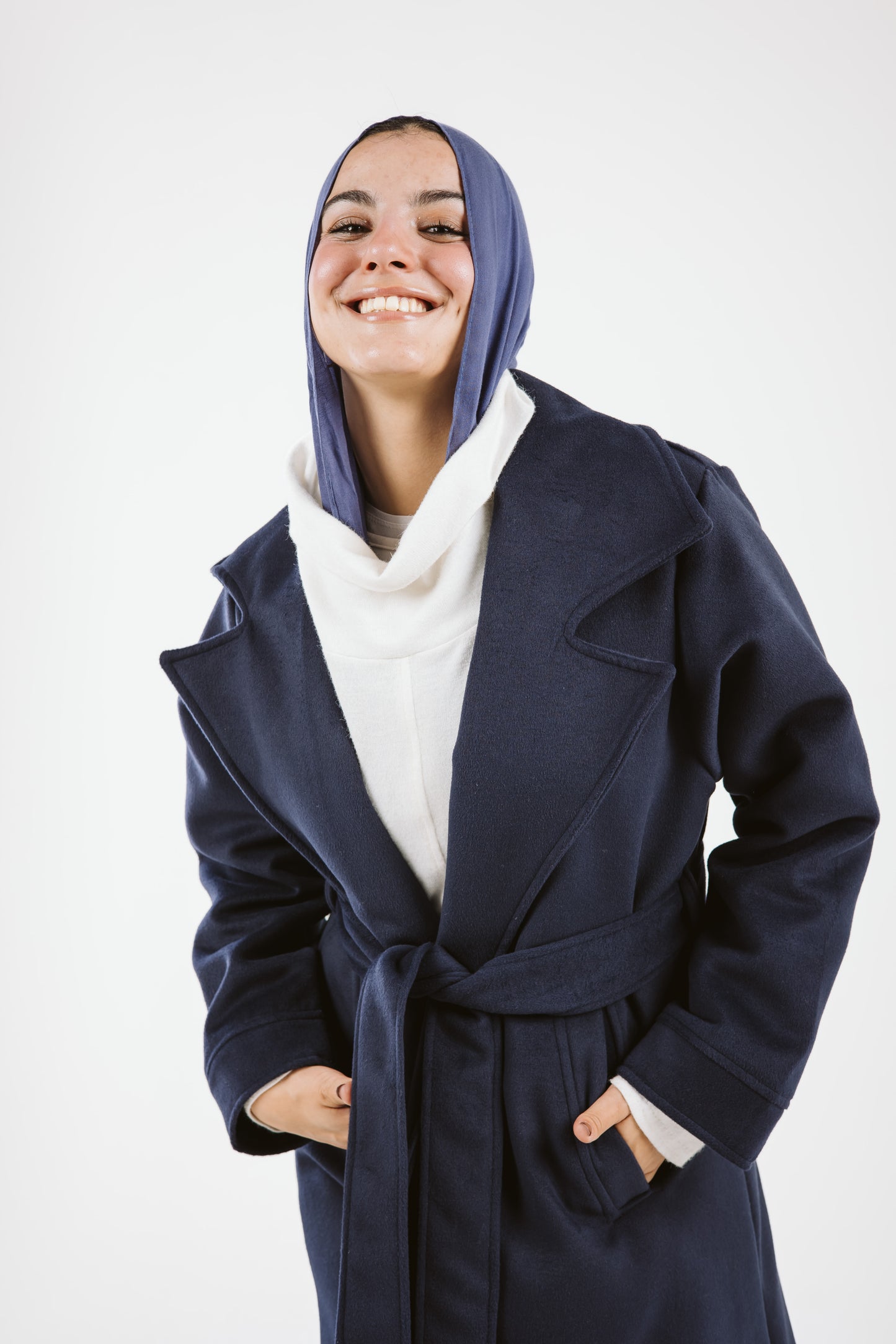 Woolen Trench Coat in Navy Blue