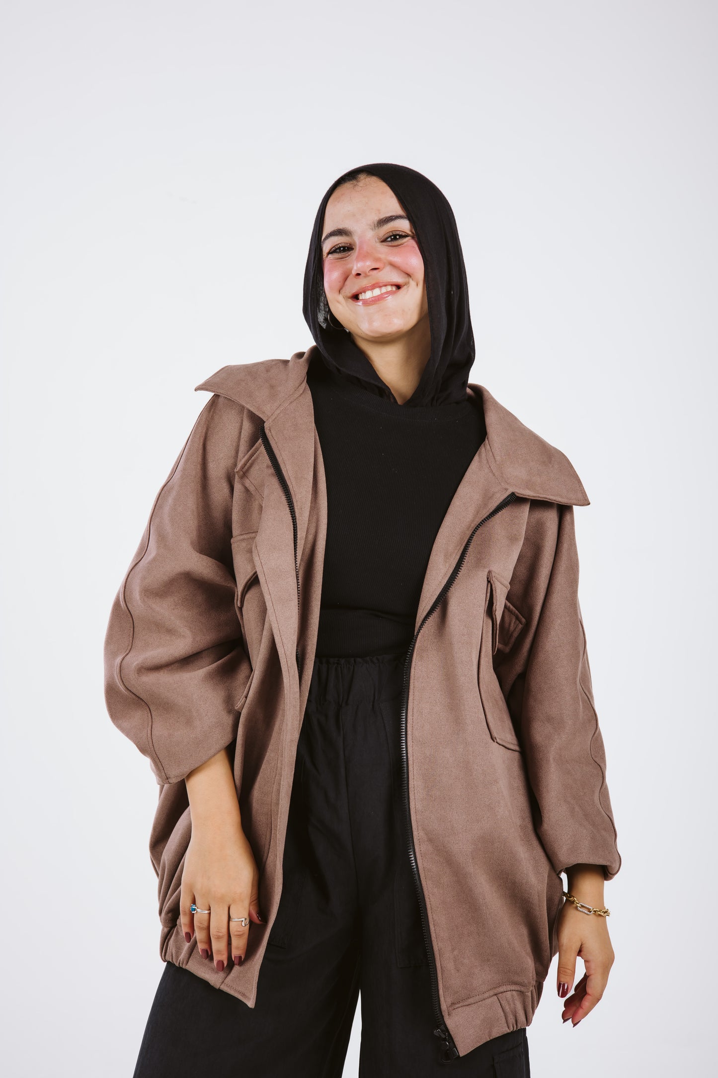 Oversized Suede Bomber Jacket in Moka